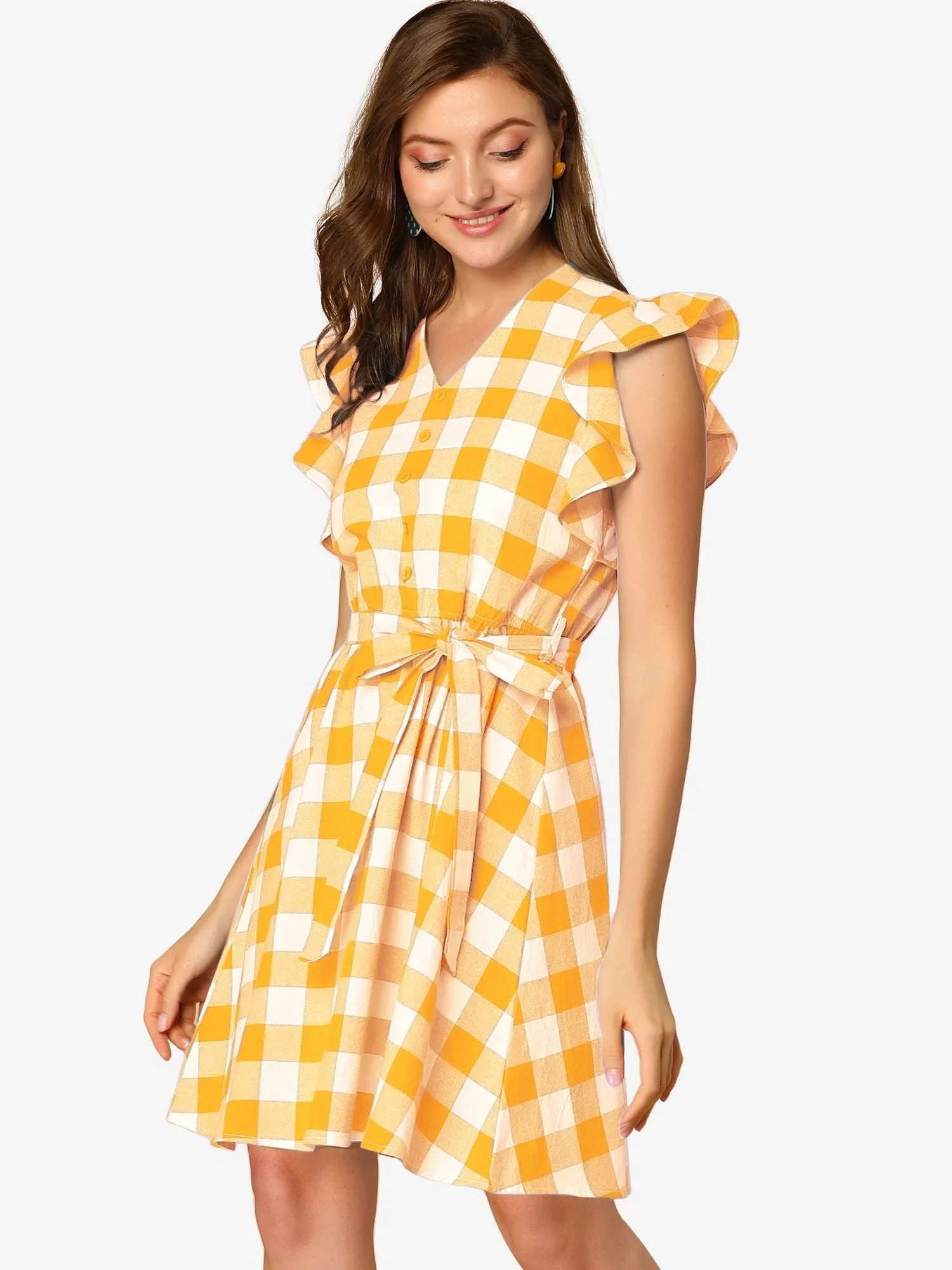 Casual Plaids Ruffled Sleeve A-Line Gingham Check Dress