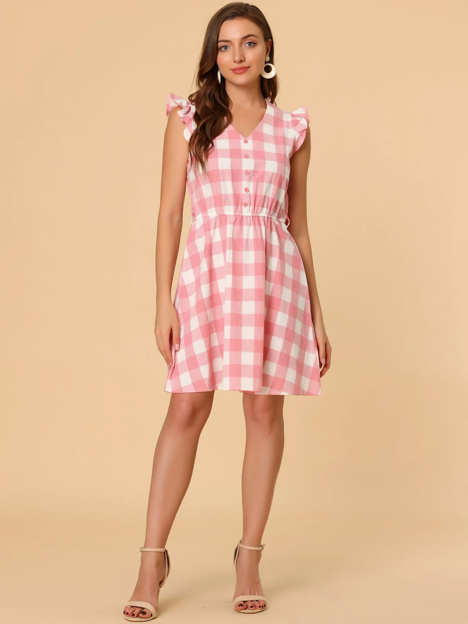 Casual Plaids Ruffled Sleeve A-Line Gingham Check Dress