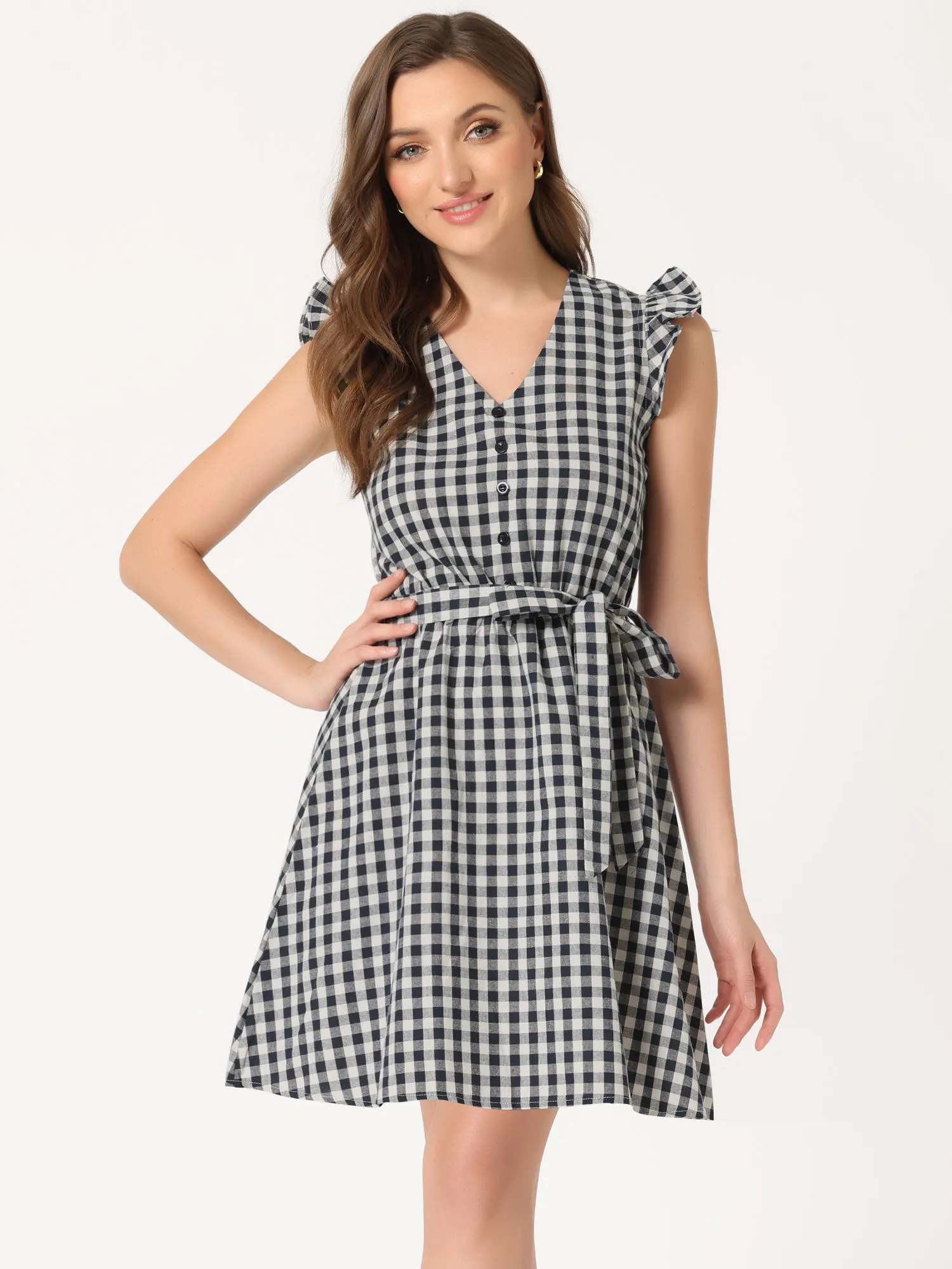 Casual Plaids Ruffled Sleeve A-Line Gingham Check Dress