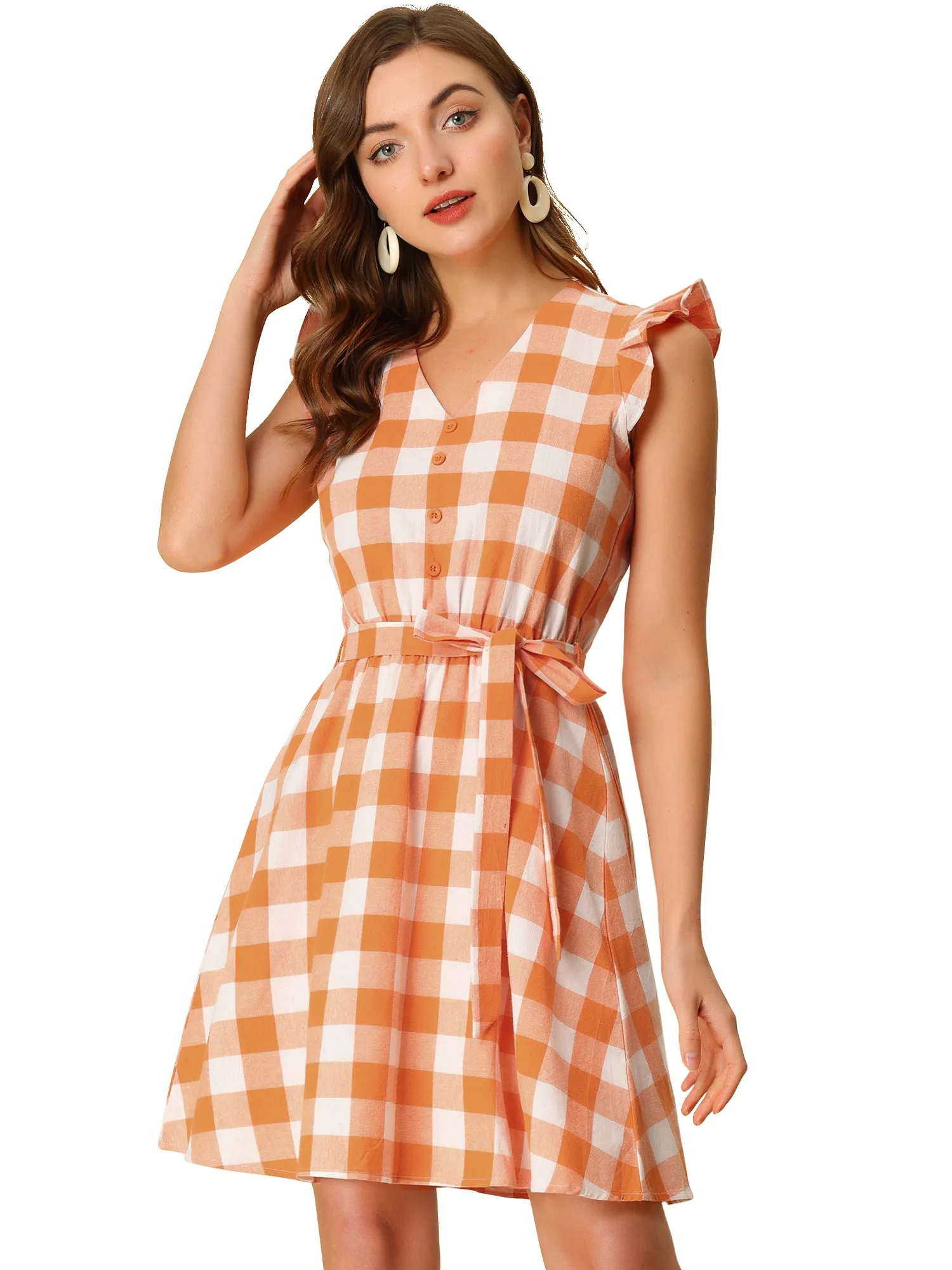 Casual Plaids Ruffled Sleeve A-Line Gingham Check Dress