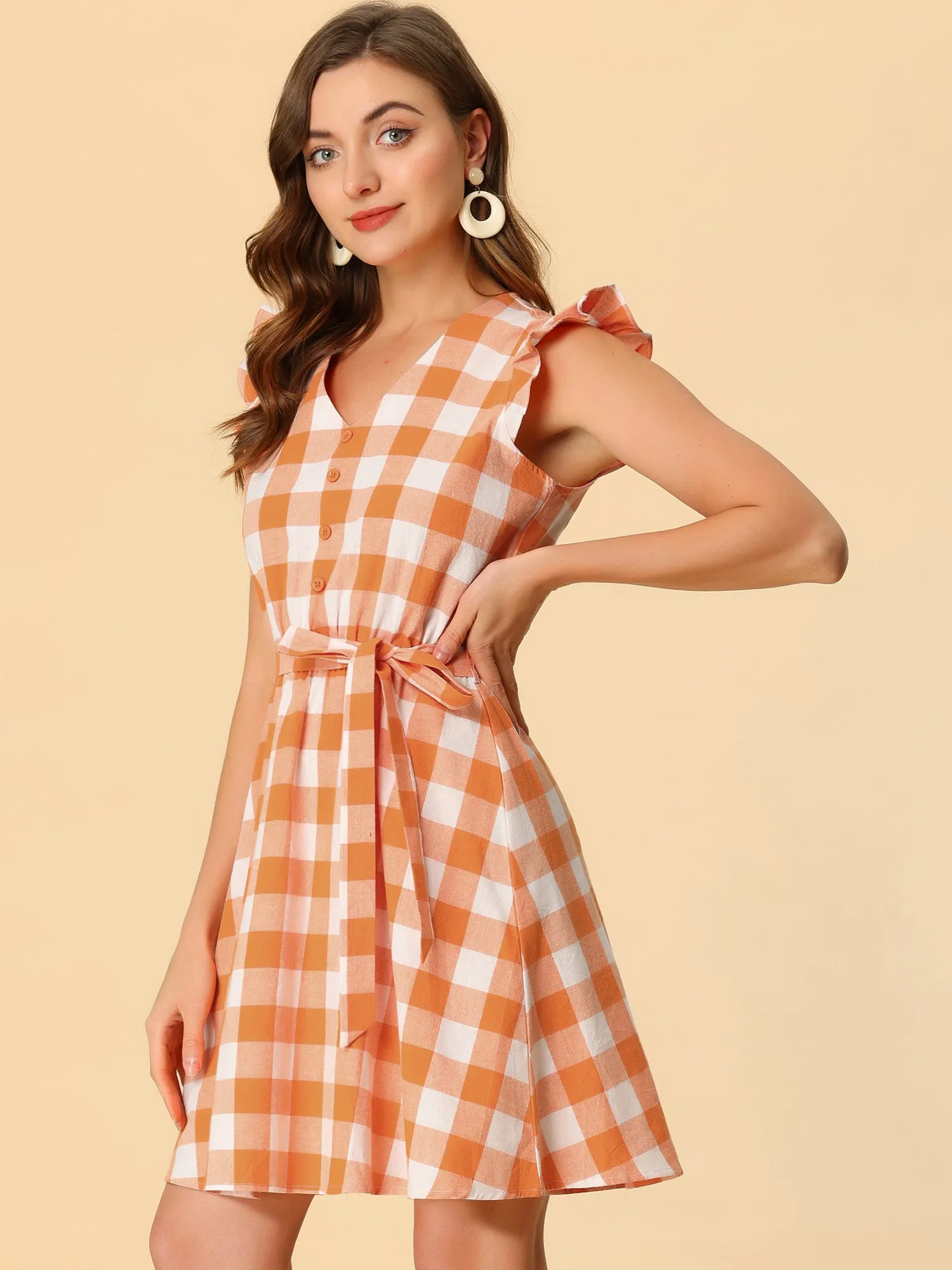 Casual Plaids Ruffled Sleeve A-Line Gingham Check Dress