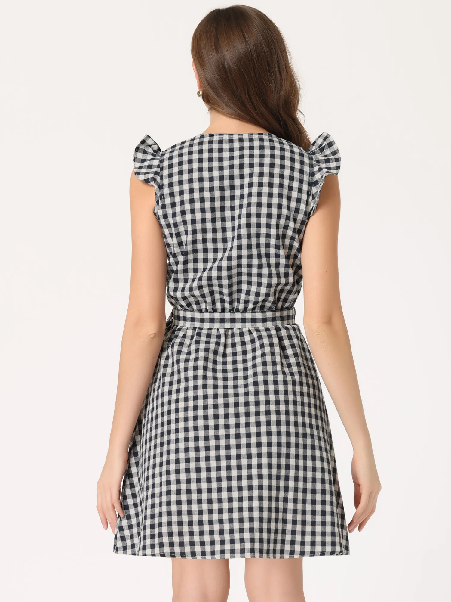 Casual Plaids Ruffled Sleeve A-Line Gingham Check Dress