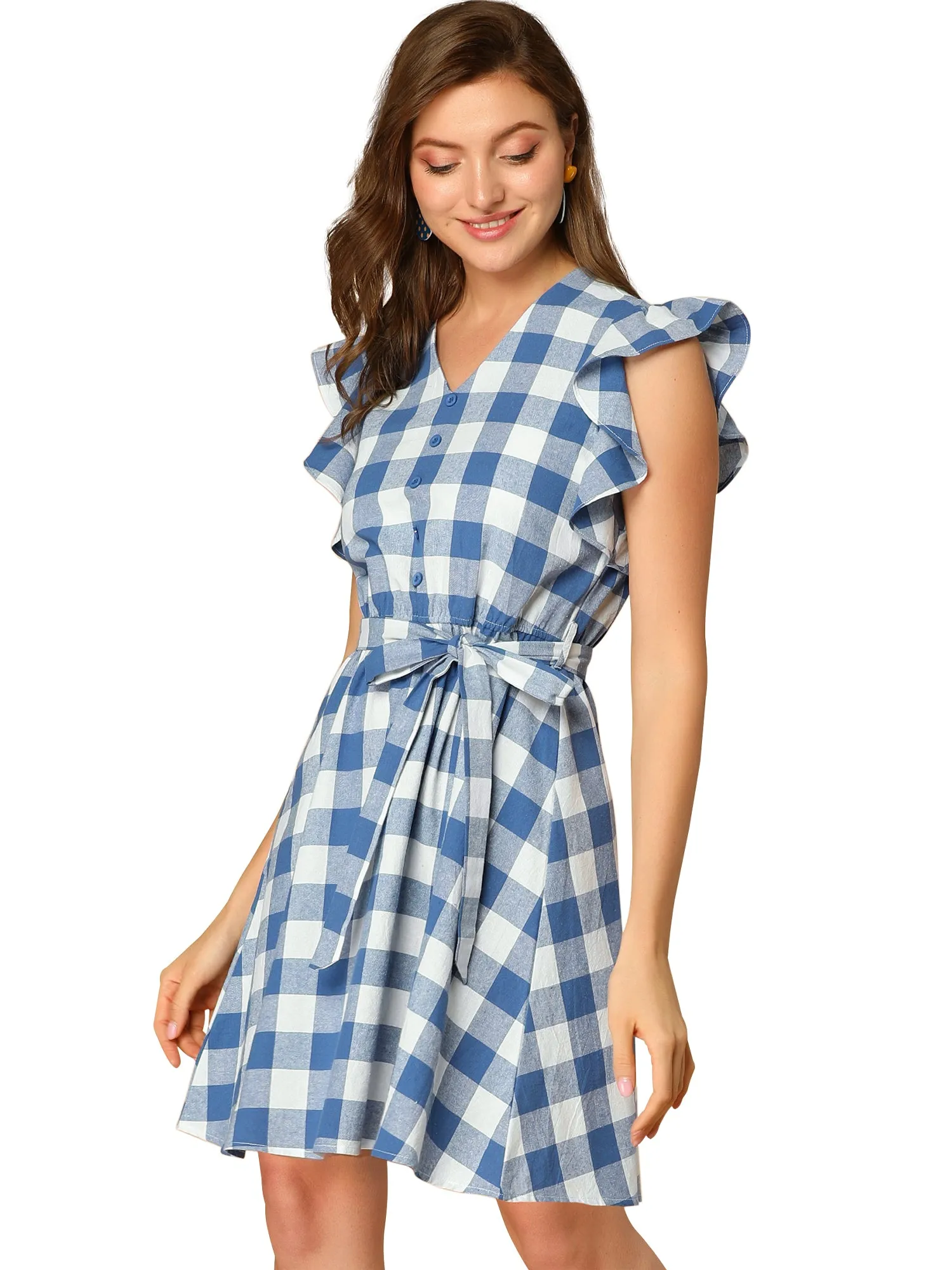 Casual Plaids Ruffled Sleeve A-Line Gingham Check Dress