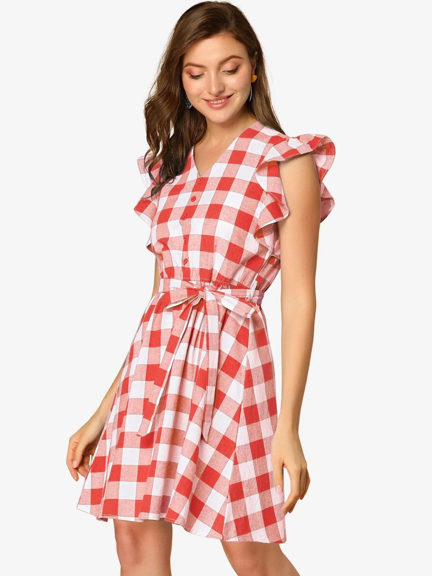 Casual Plaids Ruffled Sleeve A-Line Gingham Check Dress