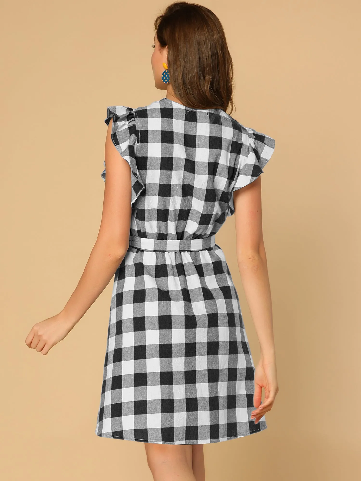 Casual Plaids Ruffled Sleeve A-Line Gingham Check Dress