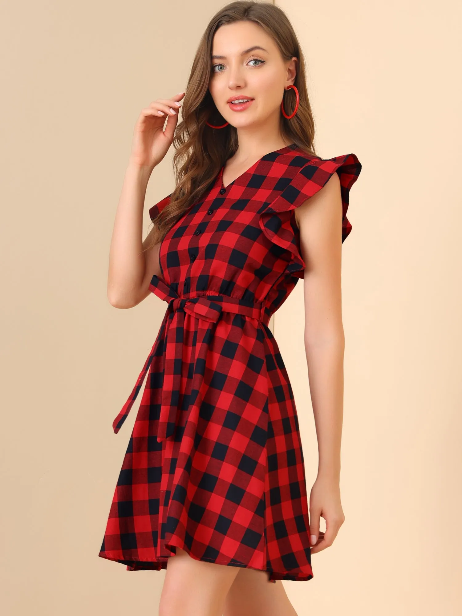 Casual Plaids Ruffled Sleeve A-Line Gingham Check Dress