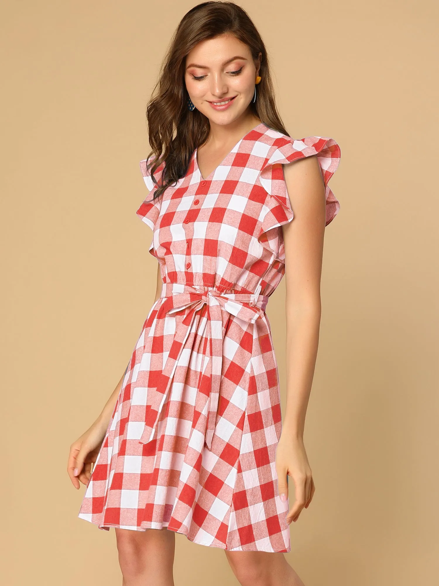 Casual Plaids Ruffled Sleeve A-Line Gingham Check Dress
