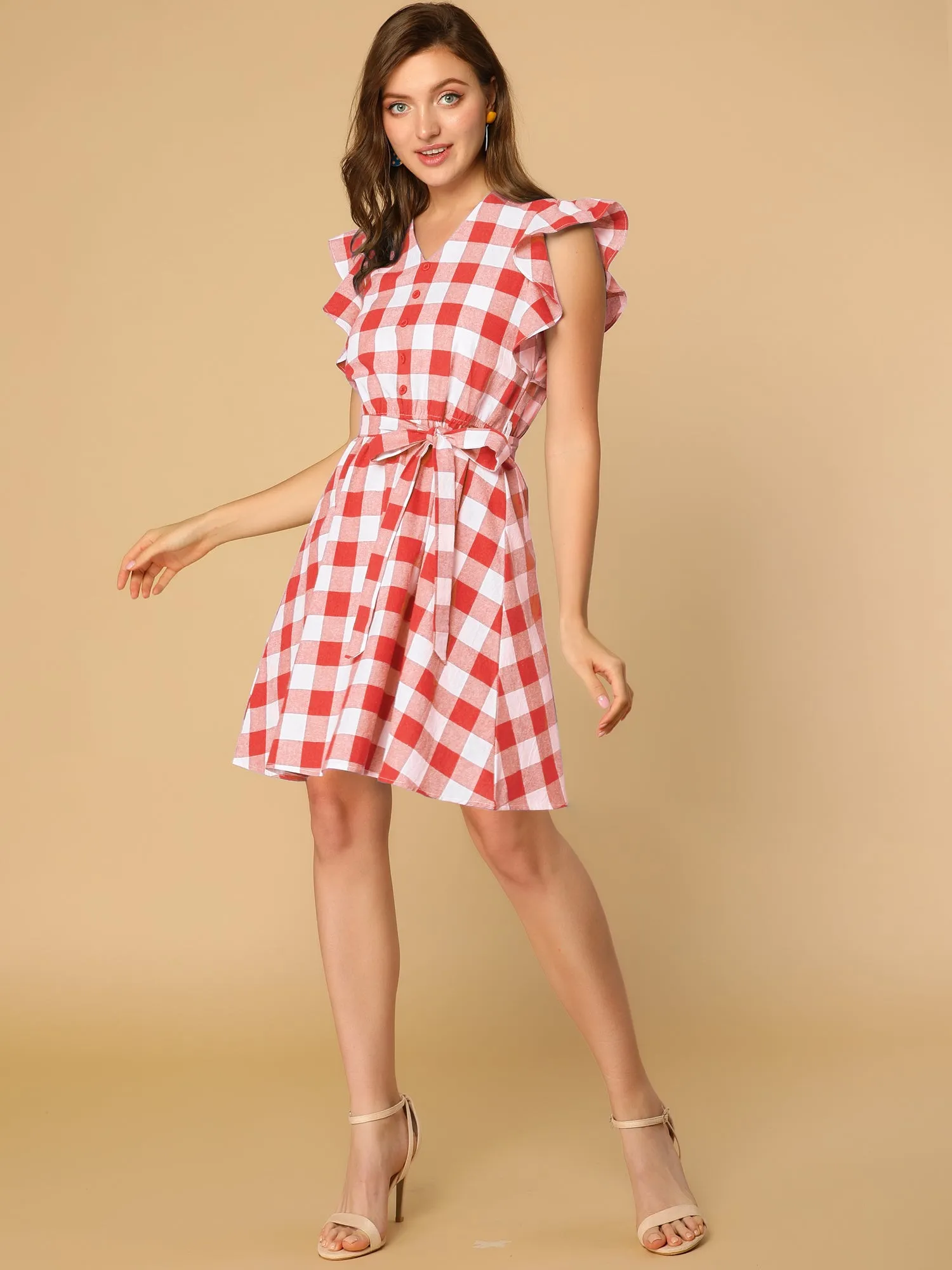 Casual Plaids Ruffled Sleeve A-Line Gingham Check Dress