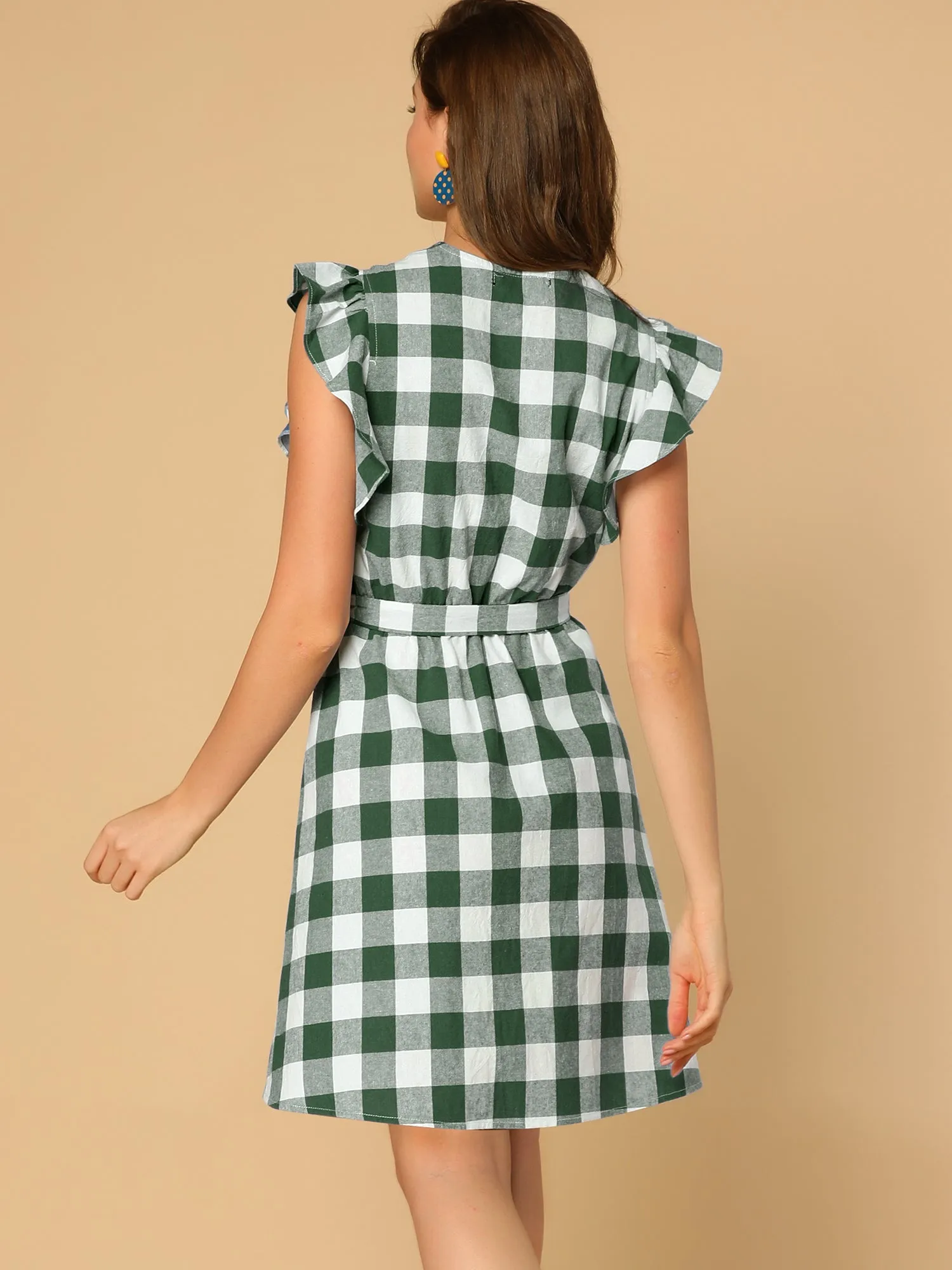 Casual Plaids Ruffled Sleeve A-Line Gingham Check Dress