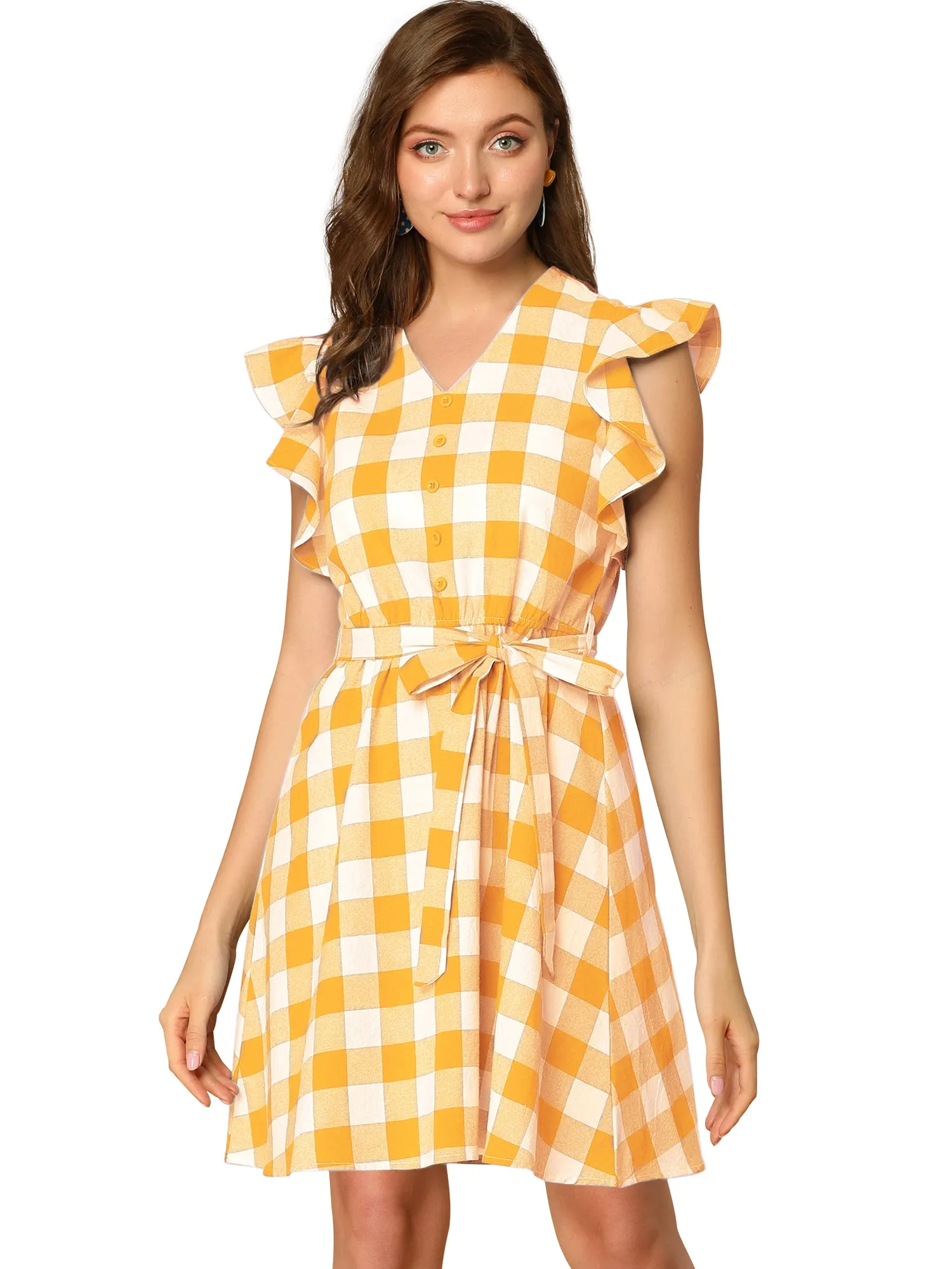 Casual Plaids Ruffled Sleeve A-Line Gingham Check Dress
