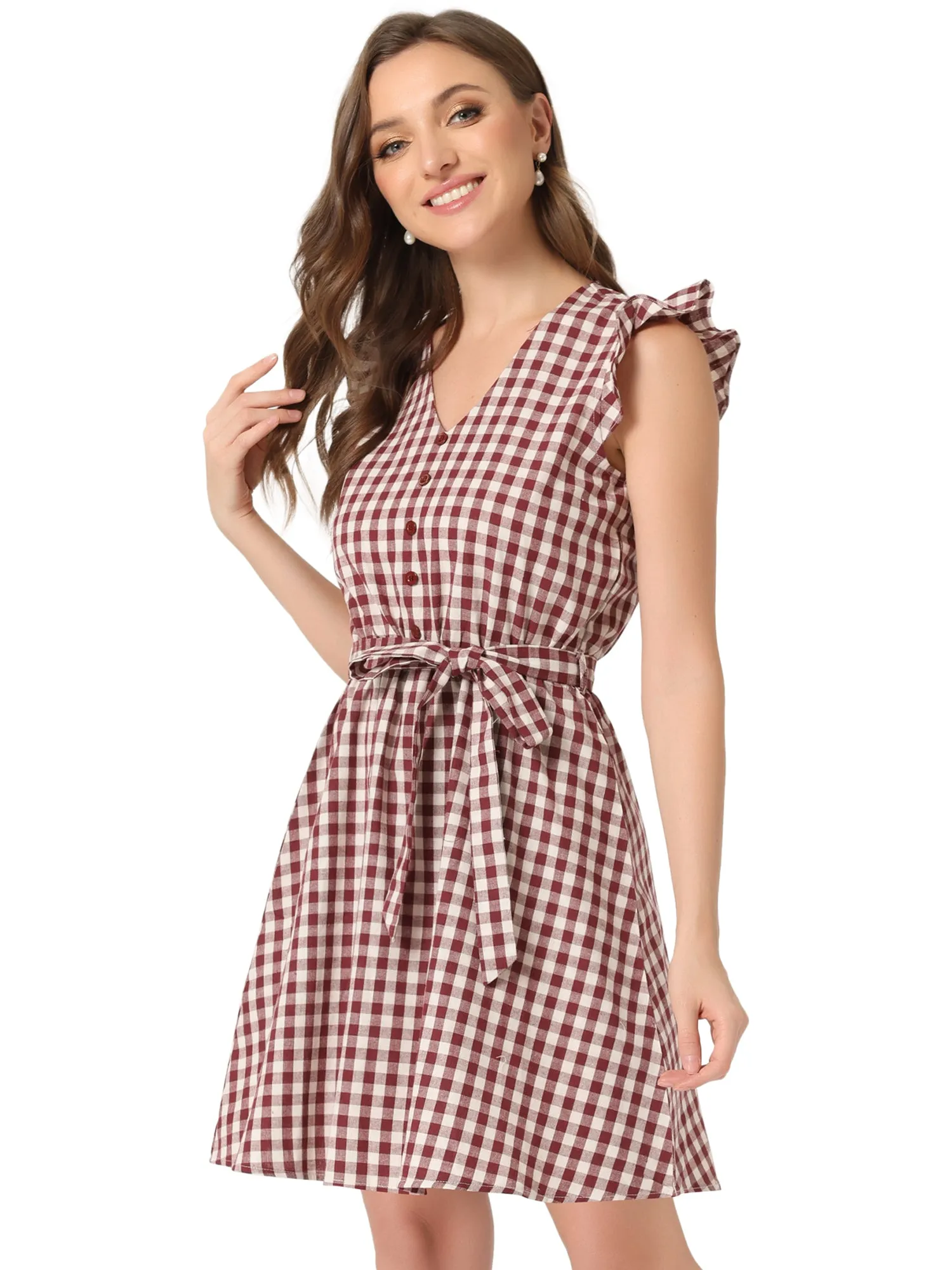Casual Plaids Ruffled Sleeve A-Line Gingham Check Dress