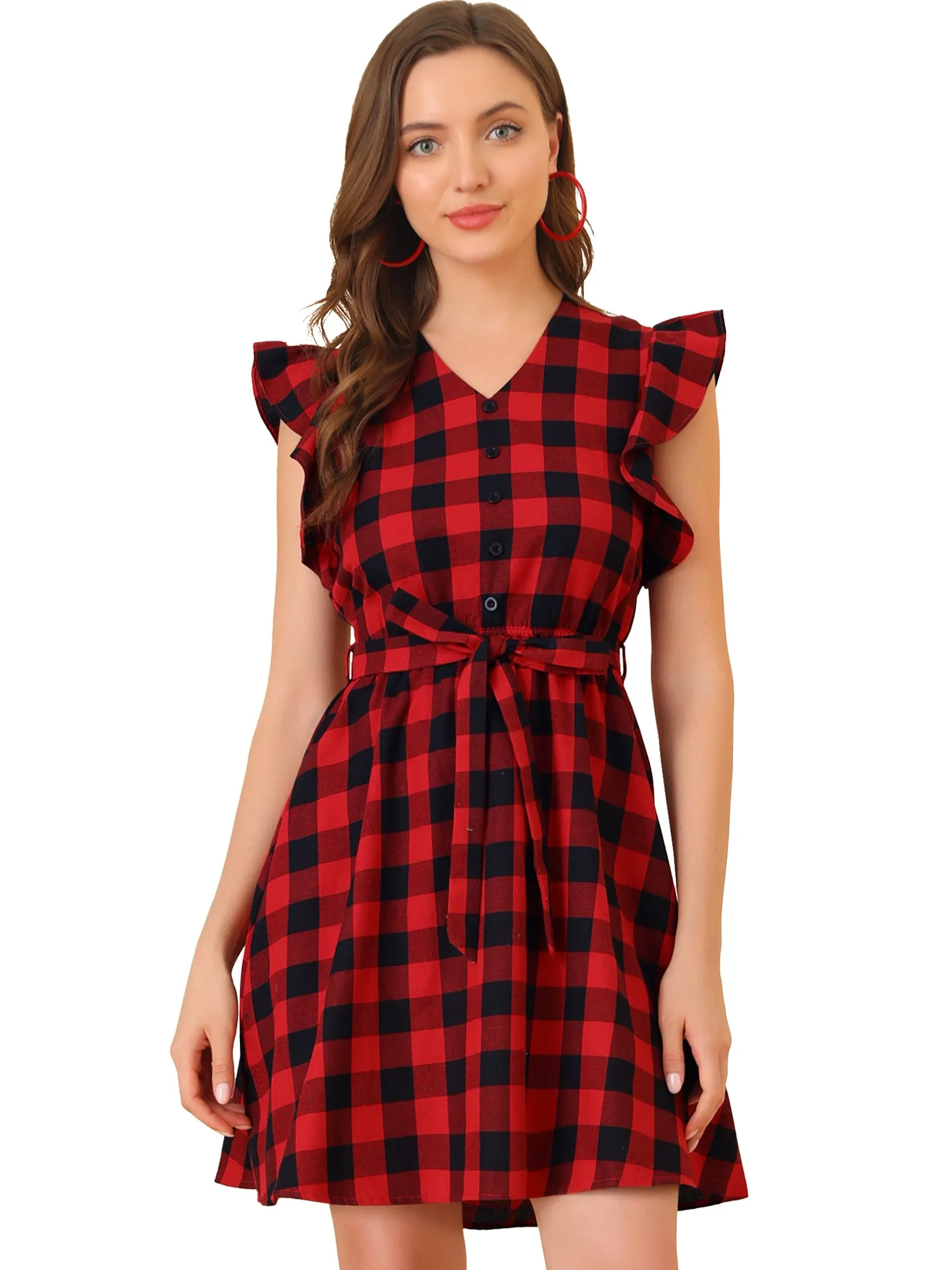 Casual Plaids Ruffled Sleeve A-Line Gingham Check Dress