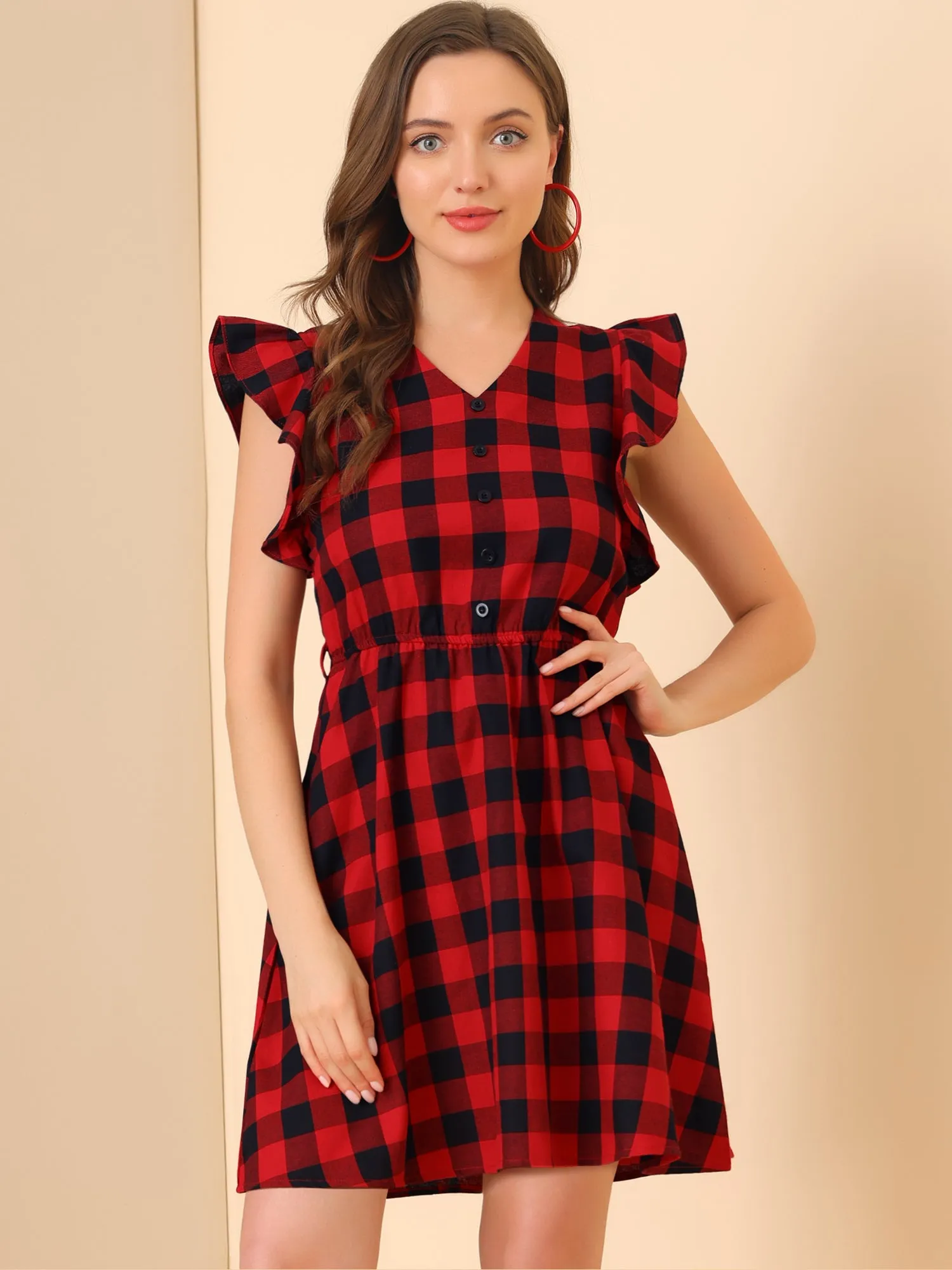 Casual Plaids Ruffled Sleeve A-Line Gingham Check Dress