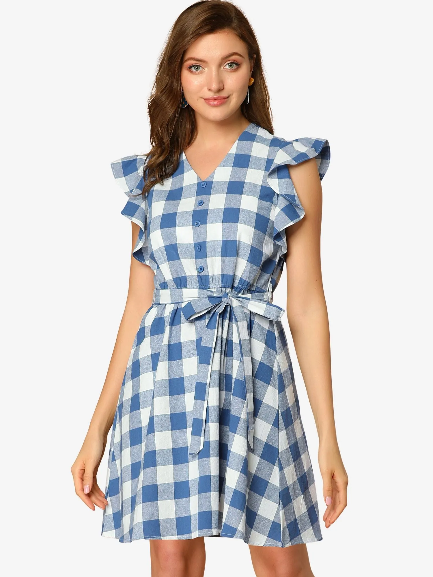 Casual Plaids Ruffled Sleeve A-Line Gingham Check Dress