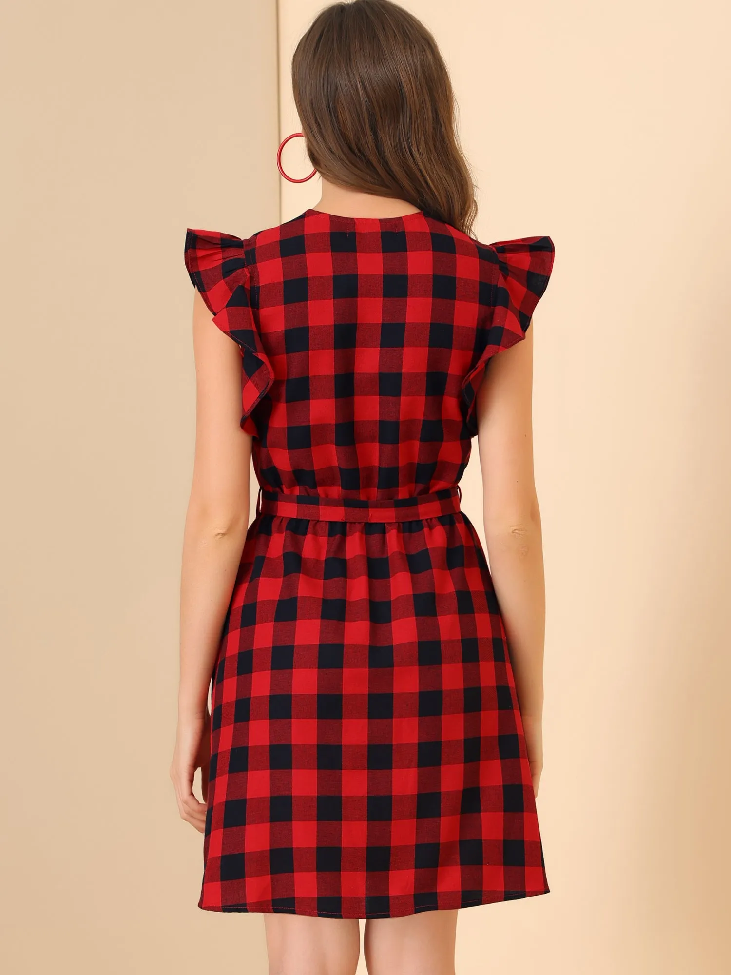 Casual Plaids Ruffled Sleeve A-Line Gingham Check Dress