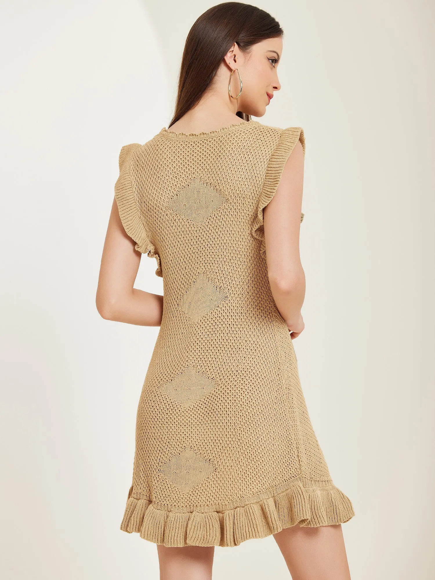 Casual Round Neck Midi Ruffled Knit Dress