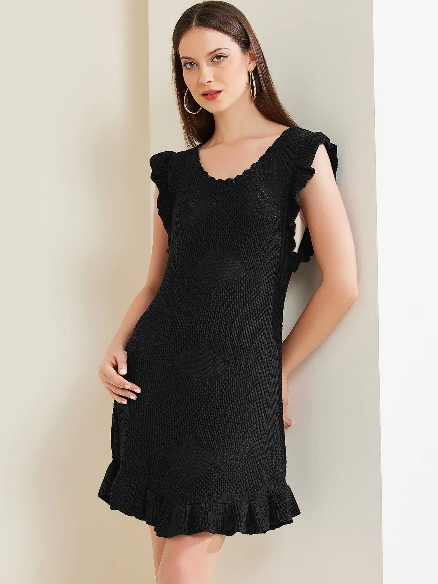 Casual Round Neck Midi Ruffled Knit Dress