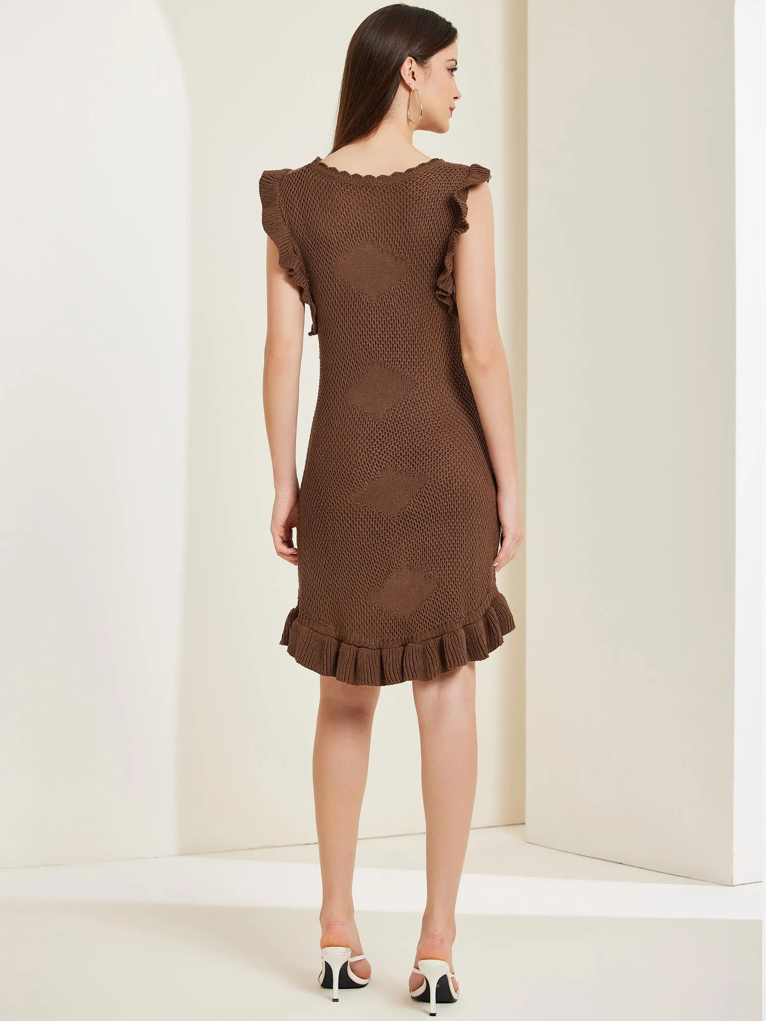 Casual Round Neck Midi Ruffled Knit Dress