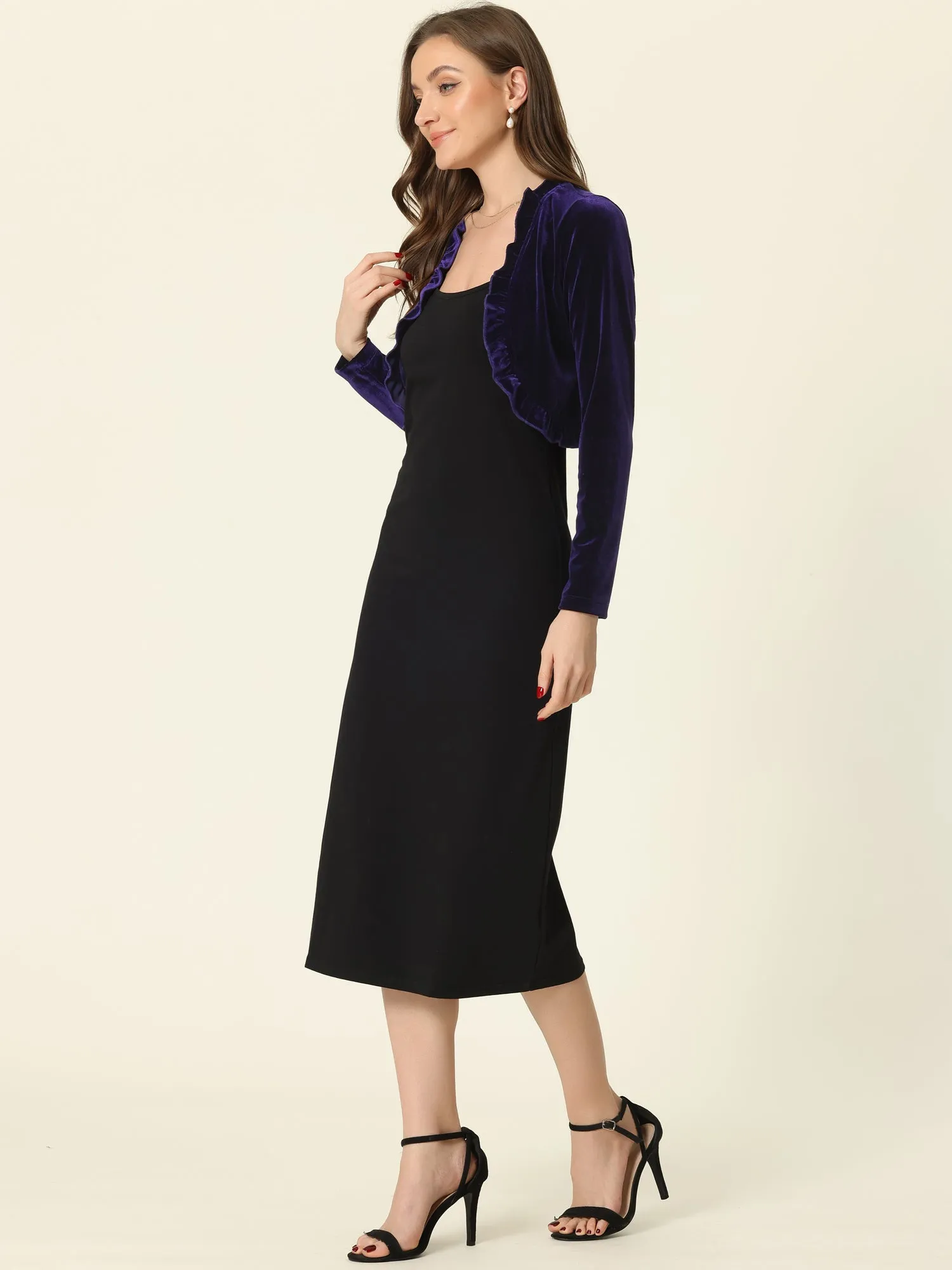 Cocktail Party Open Front Cardigan Long Sleeve Cropped Velvet Shrug