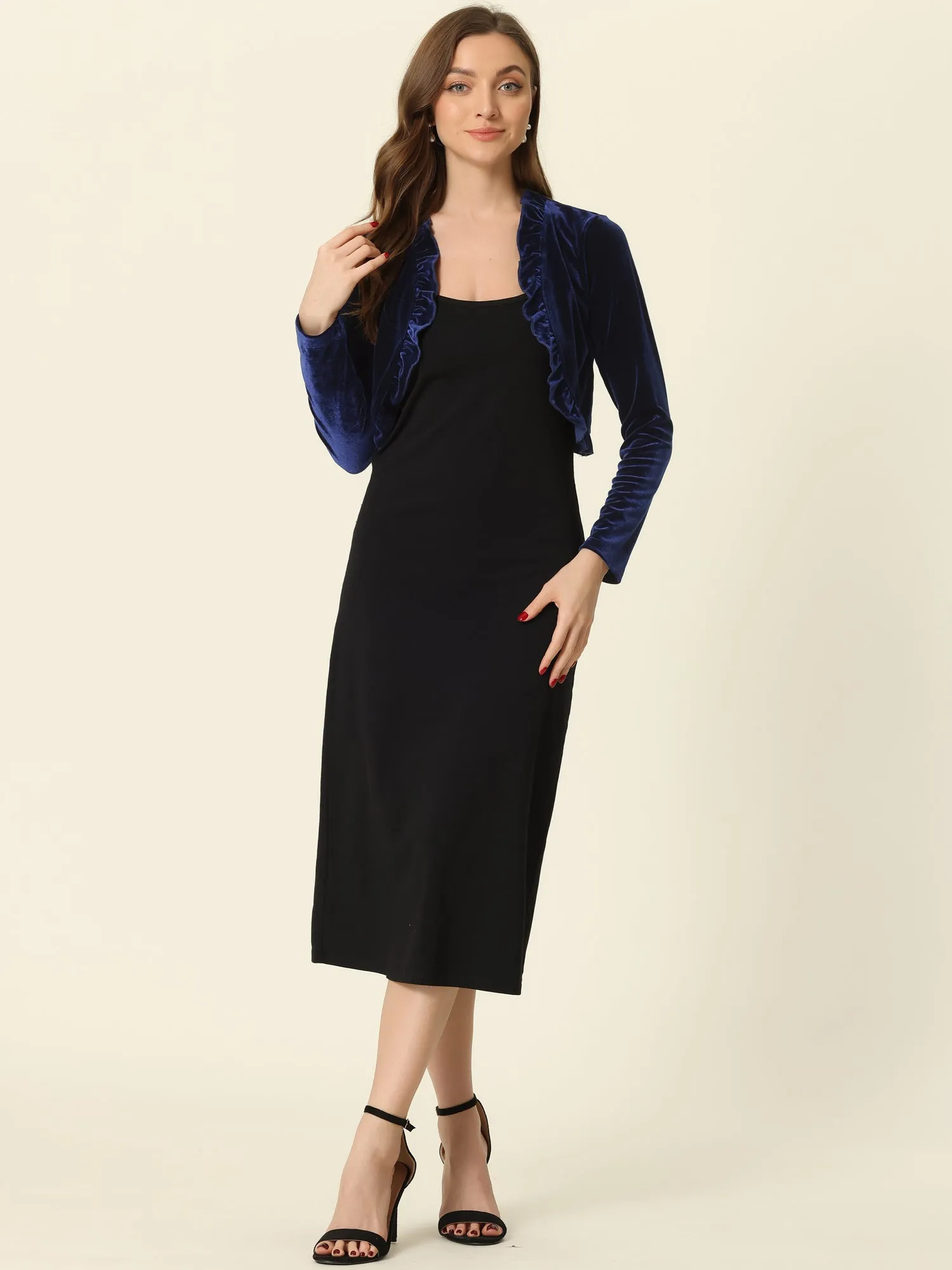 Cocktail Party Open Front Cardigan Long Sleeve Cropped Velvet Shrug