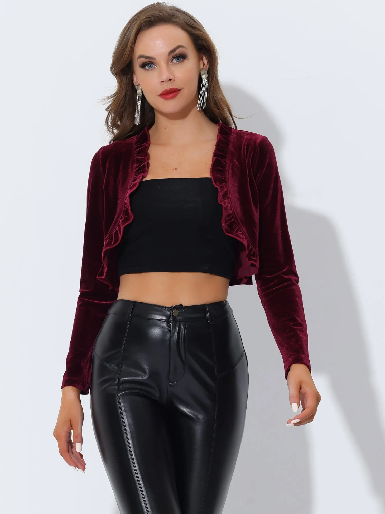 Cocktail Party Open Front Cardigan Long Sleeve Cropped Velvet Shrug