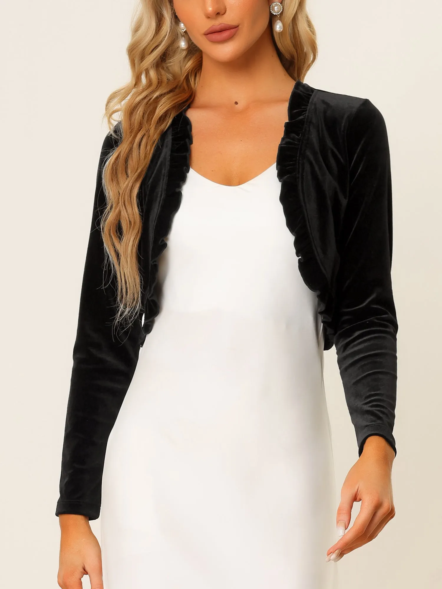 Cocktail Party Open Front Cardigan Long Sleeve Cropped Velvet Shrug