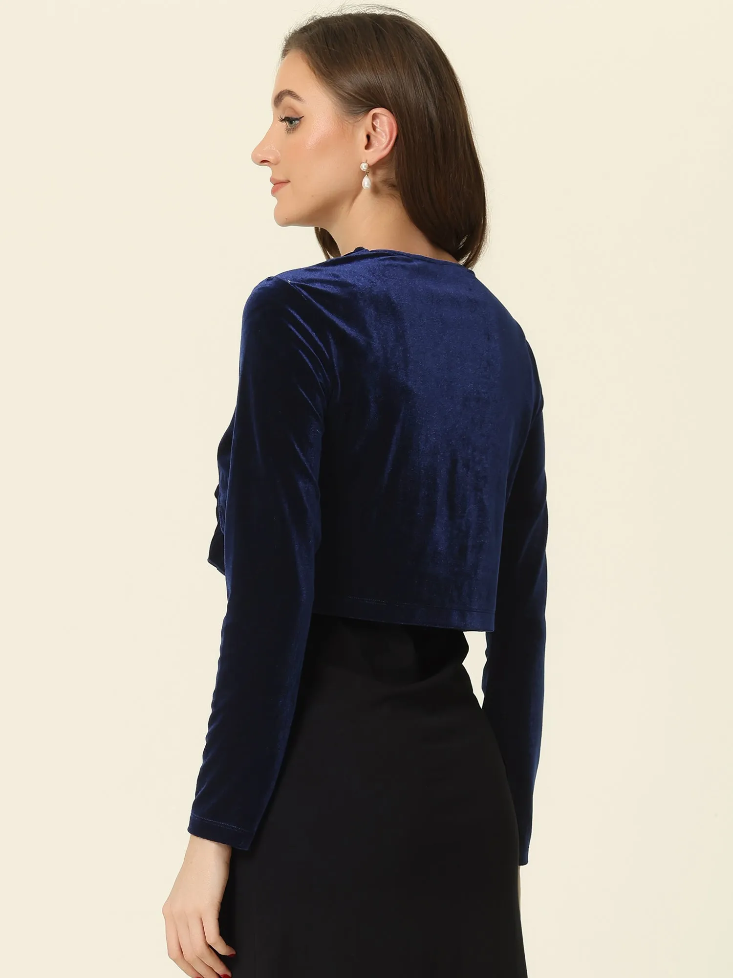 Cocktail Party Open Front Cardigan Long Sleeve Cropped Velvet Shrug