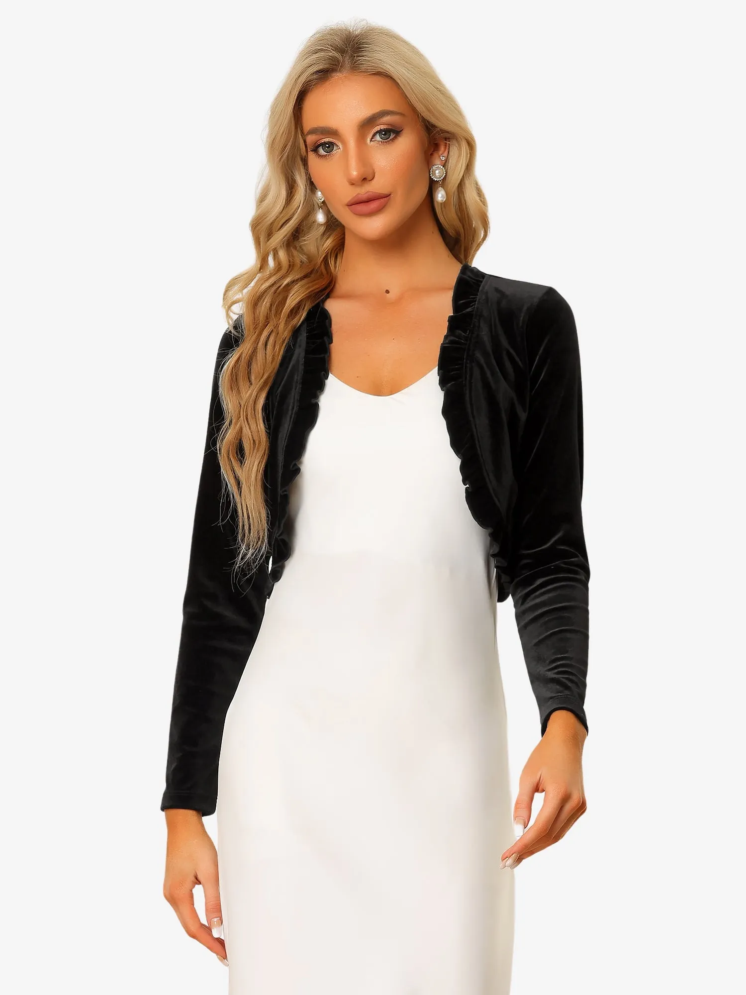 Cocktail Party Open Front Cardigan Long Sleeve Cropped Velvet Shrug