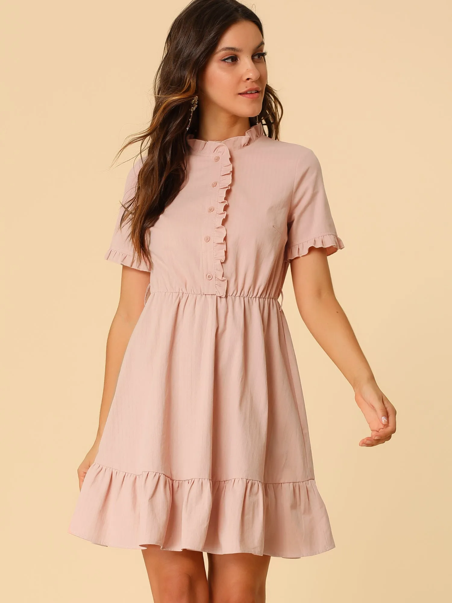 Cotton Fit and Flare Shirtdress Belted Button Front Ruffled Dress