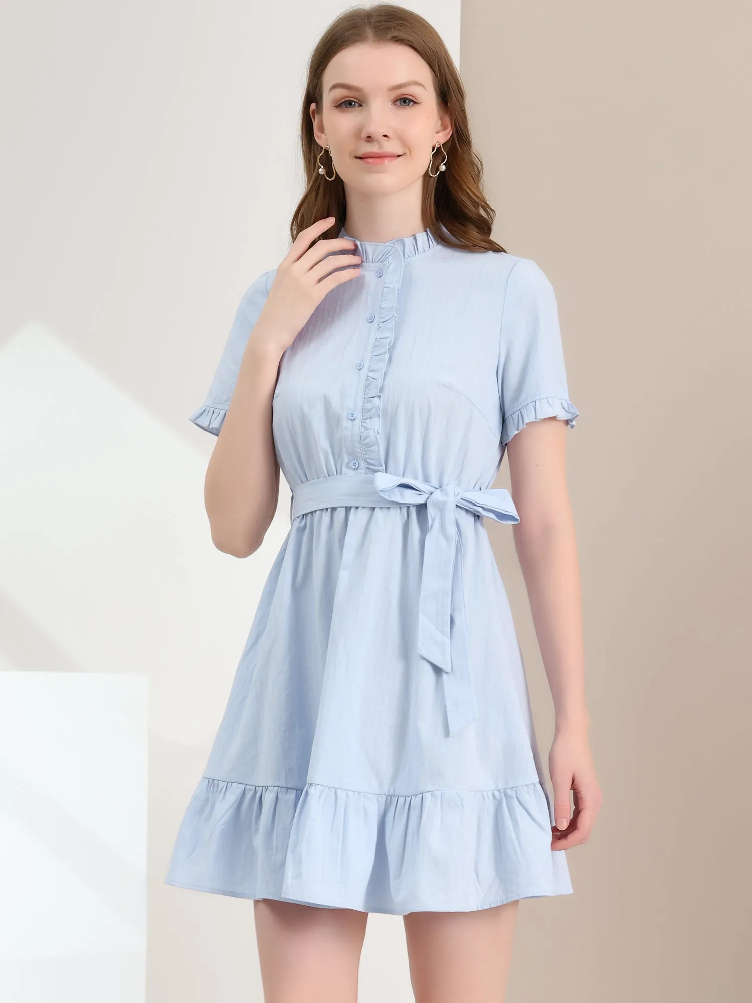Cotton Fit and Flare Shirtdress Belted Button Front Ruffled Dress