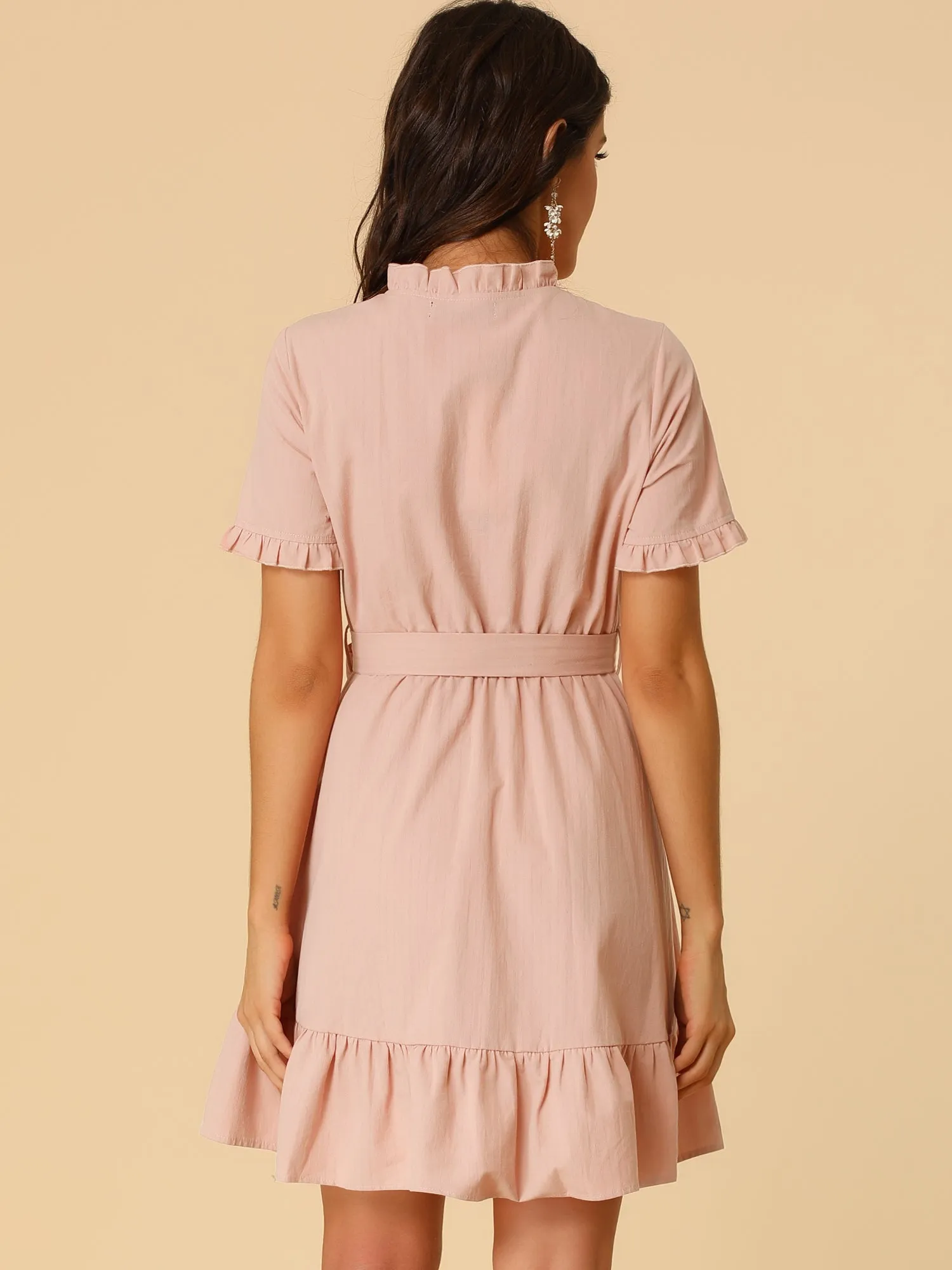 Cotton Fit and Flare Shirtdress Belted Button Front Ruffled Dress