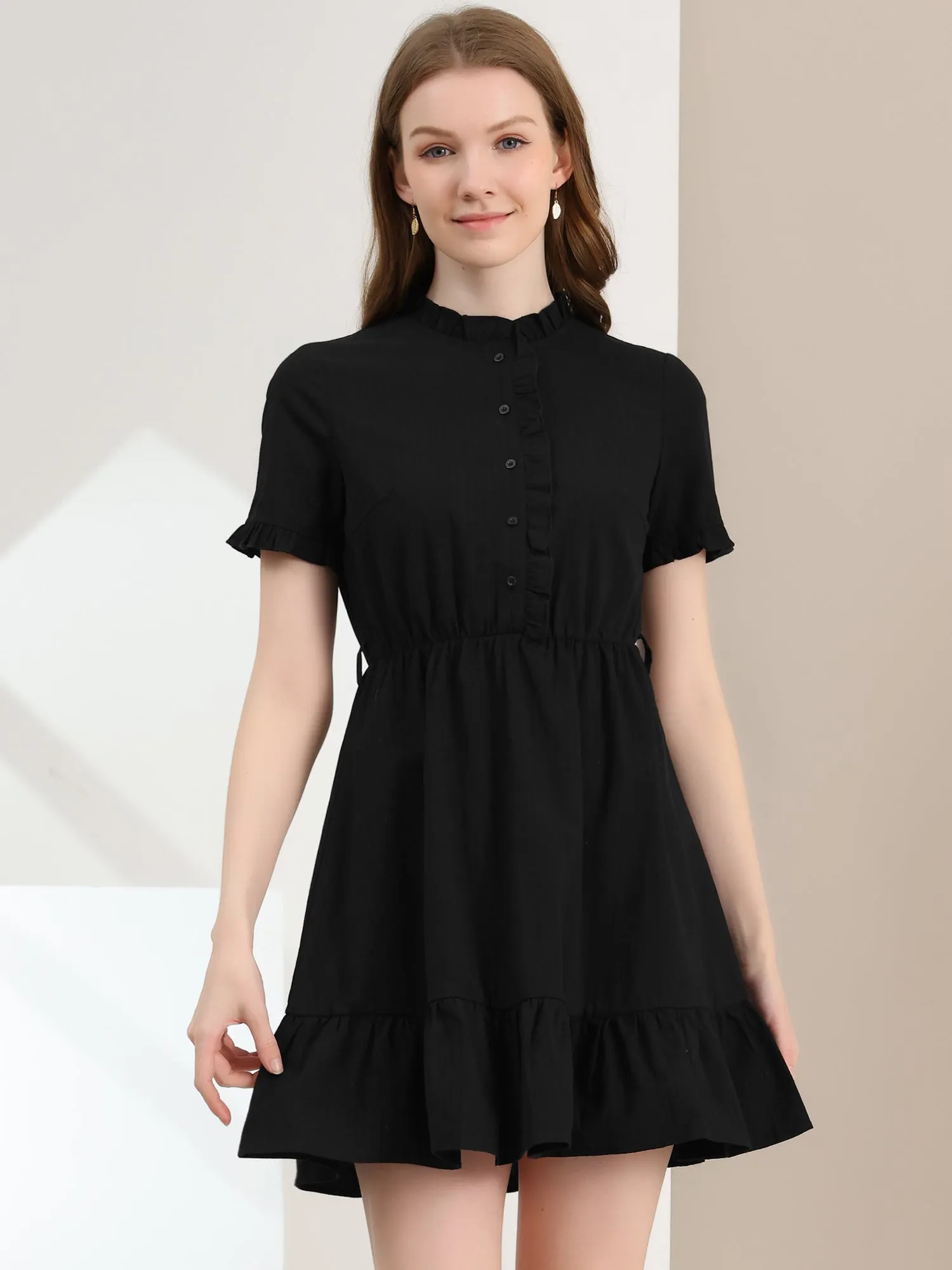 Cotton Fit and Flare Shirtdress Belted Button Front Ruffled Dress