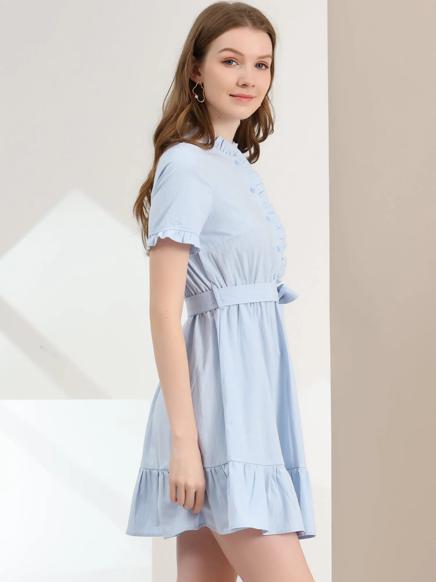 Cotton Fit and Flare Shirtdress Belted Button Front Ruffled Dress