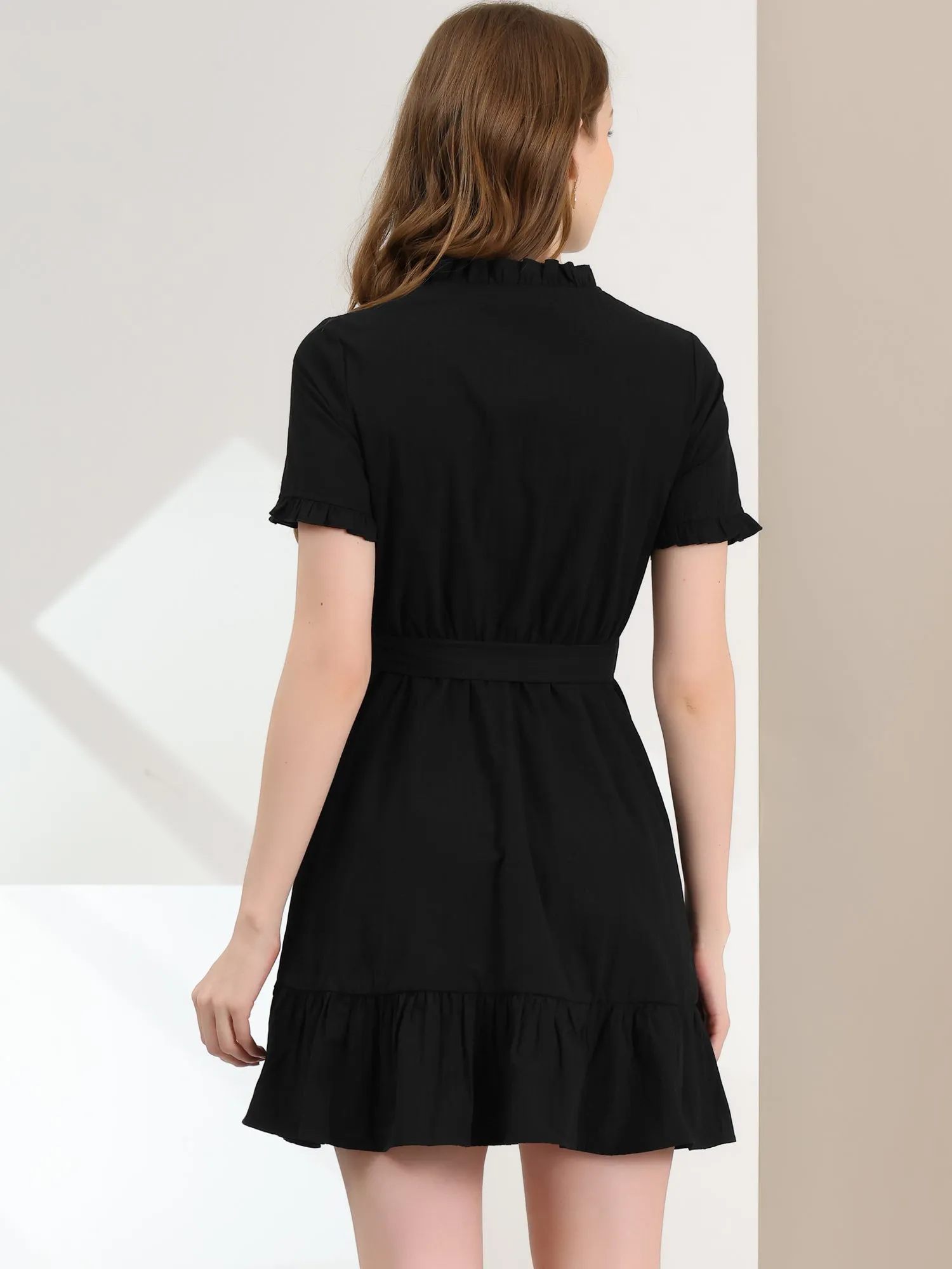 Cotton Fit and Flare Shirtdress Belted Button Front Ruffled Dress