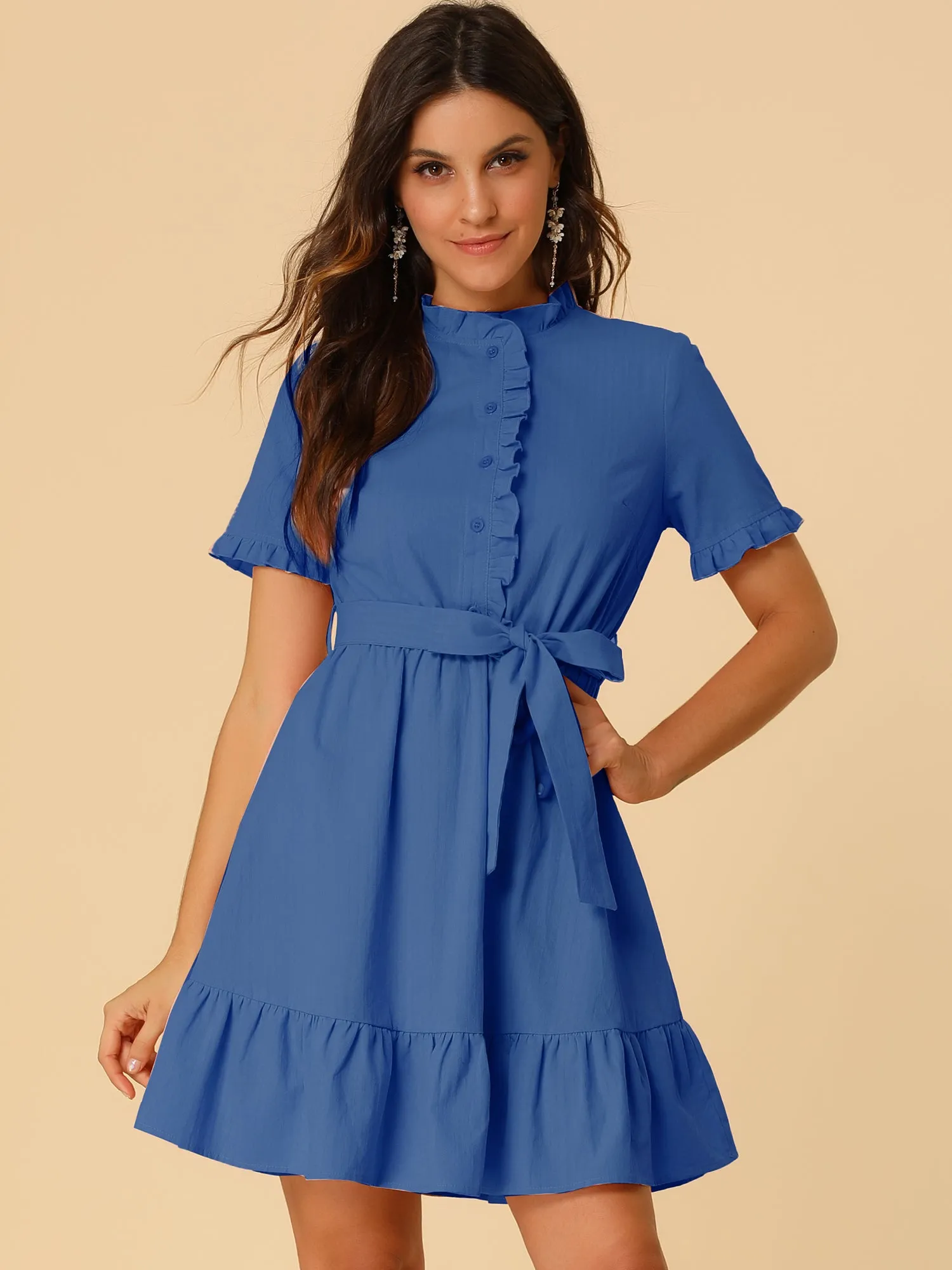 Cotton Fit and Flare Shirtdress Belted Button Front Ruffled Dress