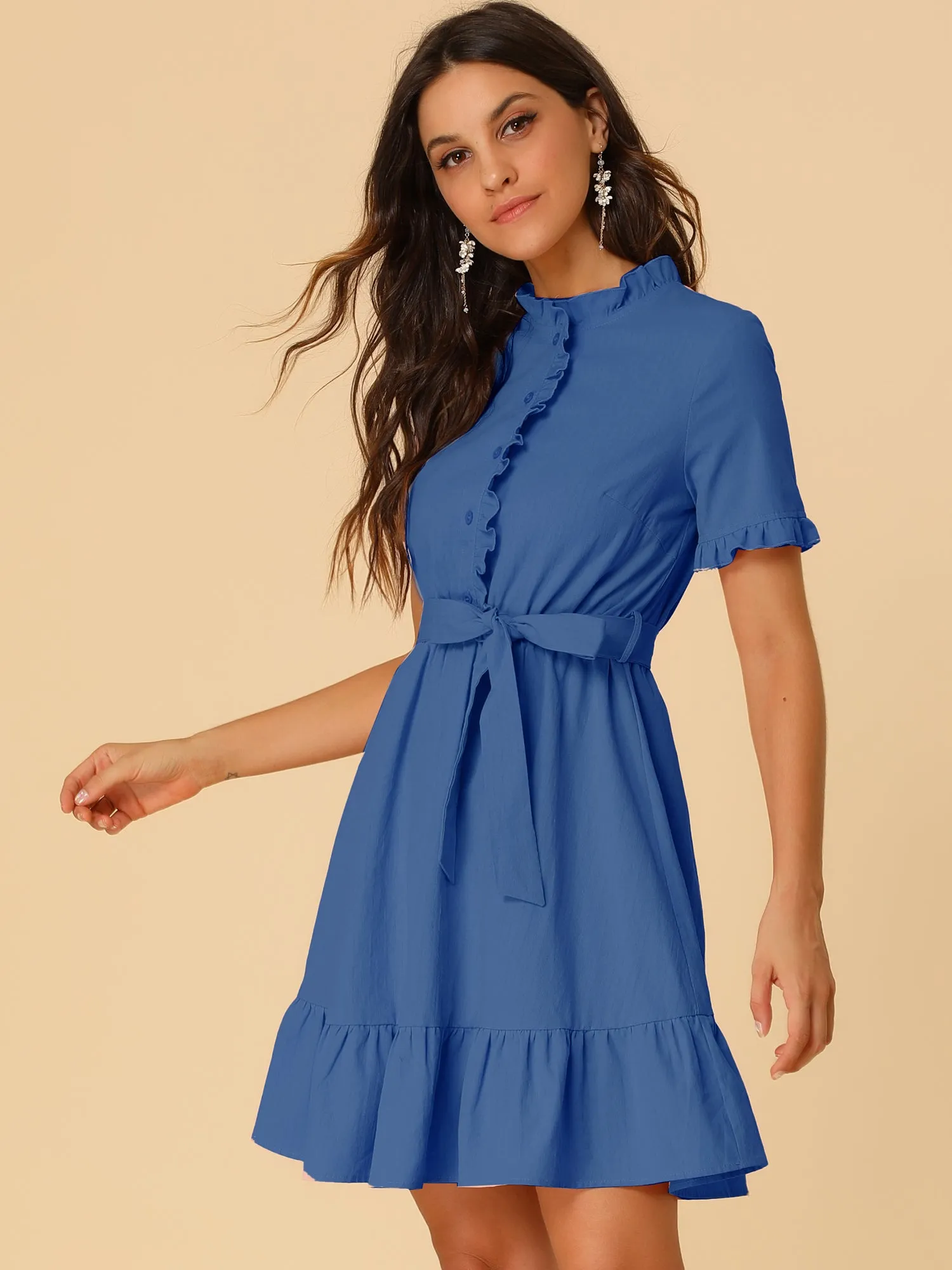Cotton Fit and Flare Shirtdress Belted Button Front Ruffled Dress