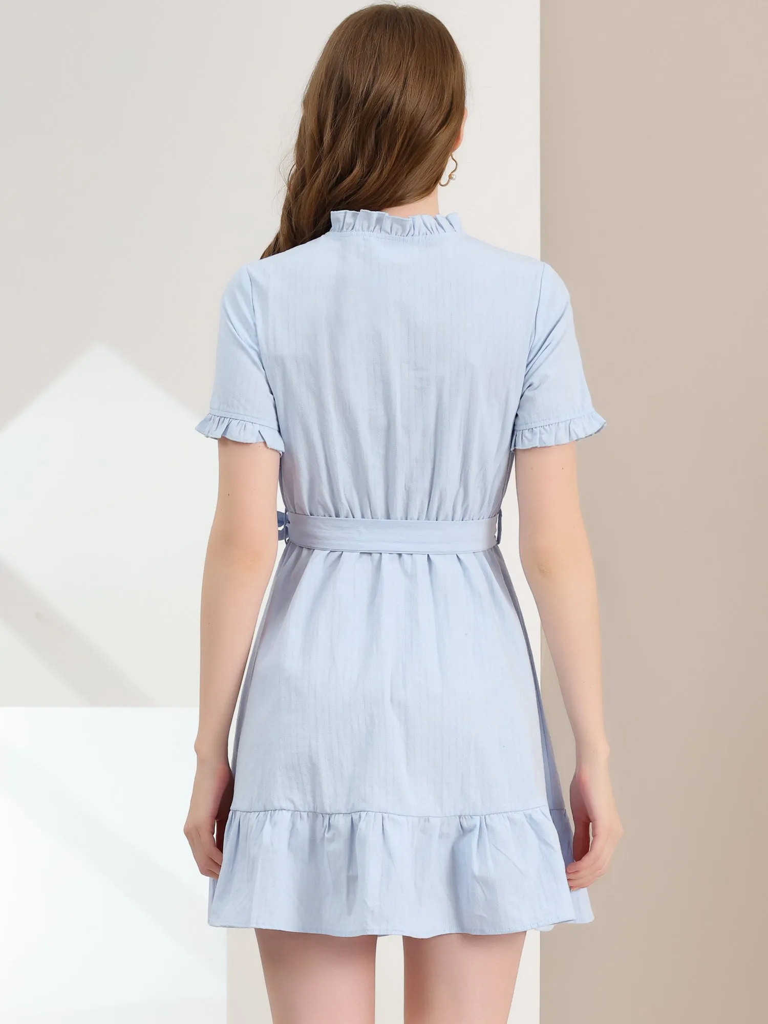 Cotton Fit and Flare Shirtdress Belted Button Front Ruffled Dress