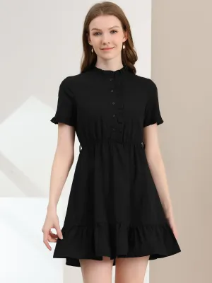 Cotton Fit and Flare Shirtdress Belted Button Front Ruffled Dress