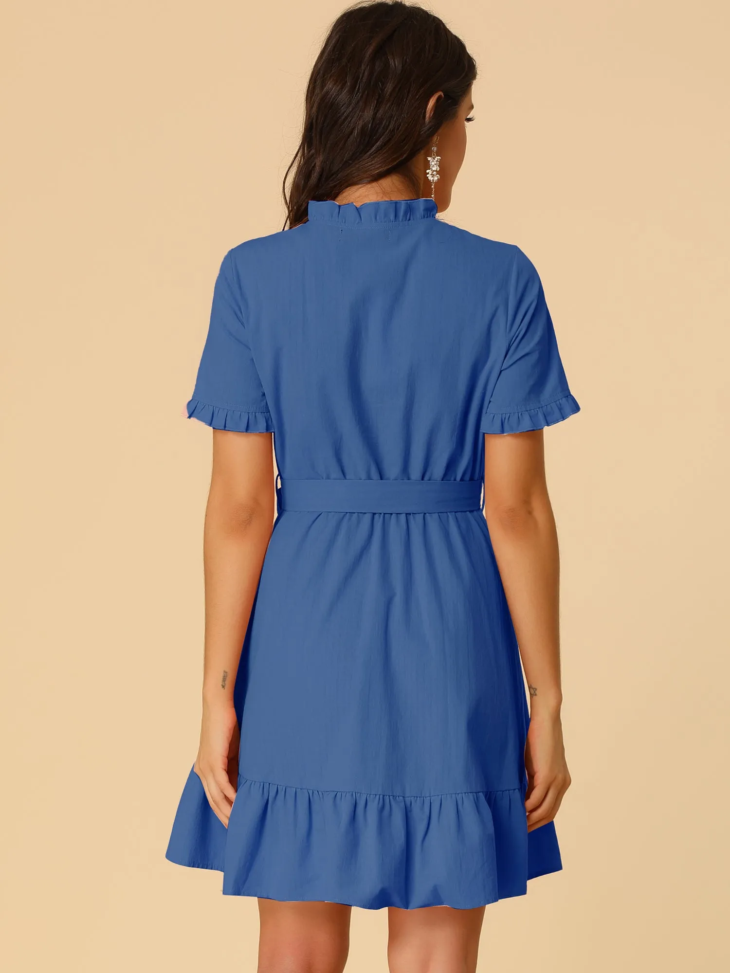 Cotton Fit and Flare Shirtdress Belted Button Front Ruffled Dress