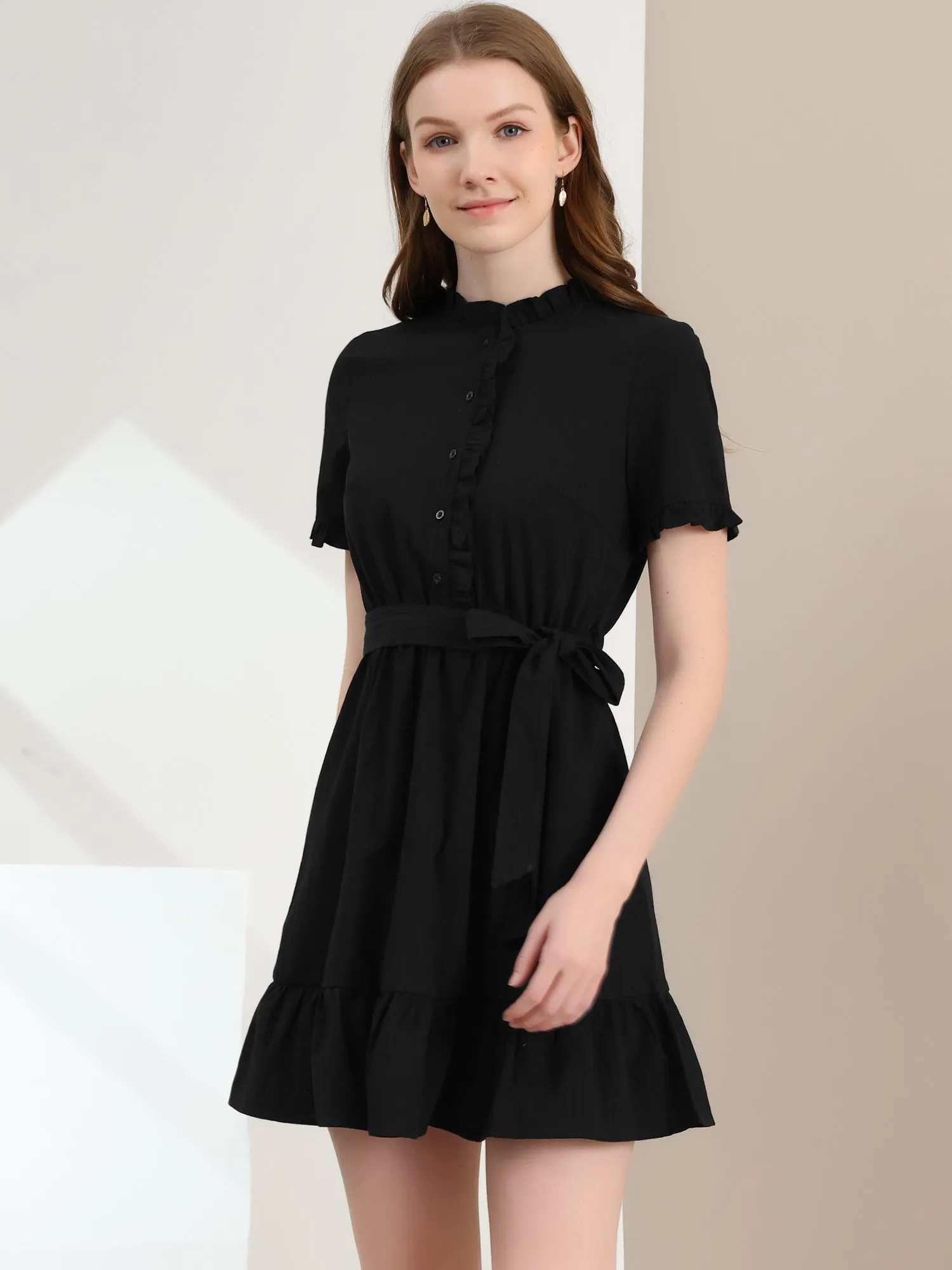 Cotton Fit and Flare Shirtdress Belted Button Front Ruffled Dress