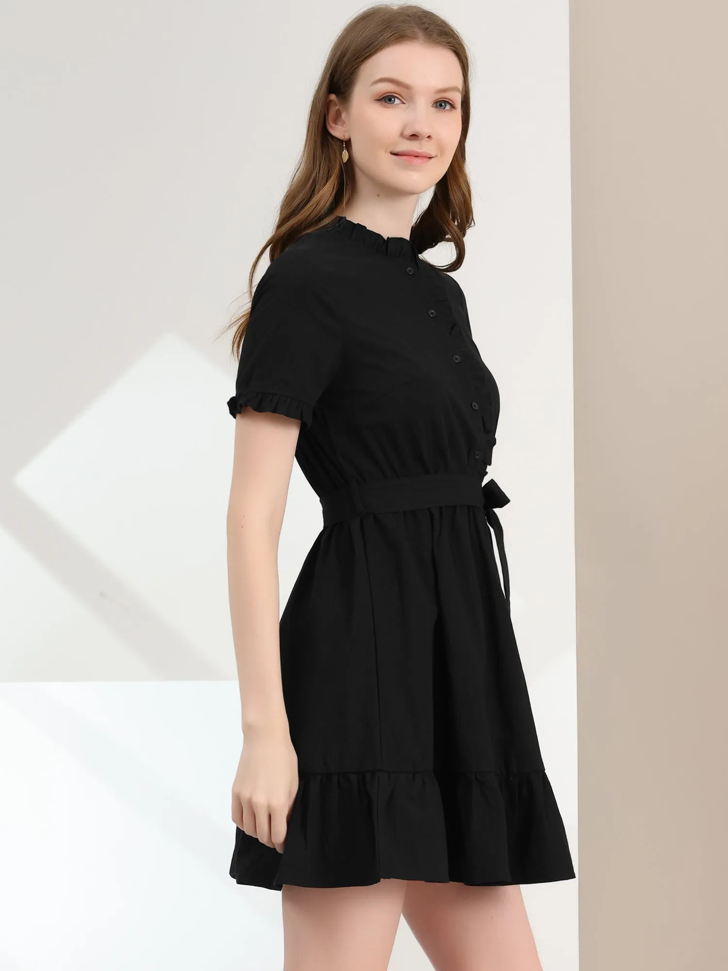 Cotton Fit and Flare Shirtdress Belted Button Front Ruffled Dress