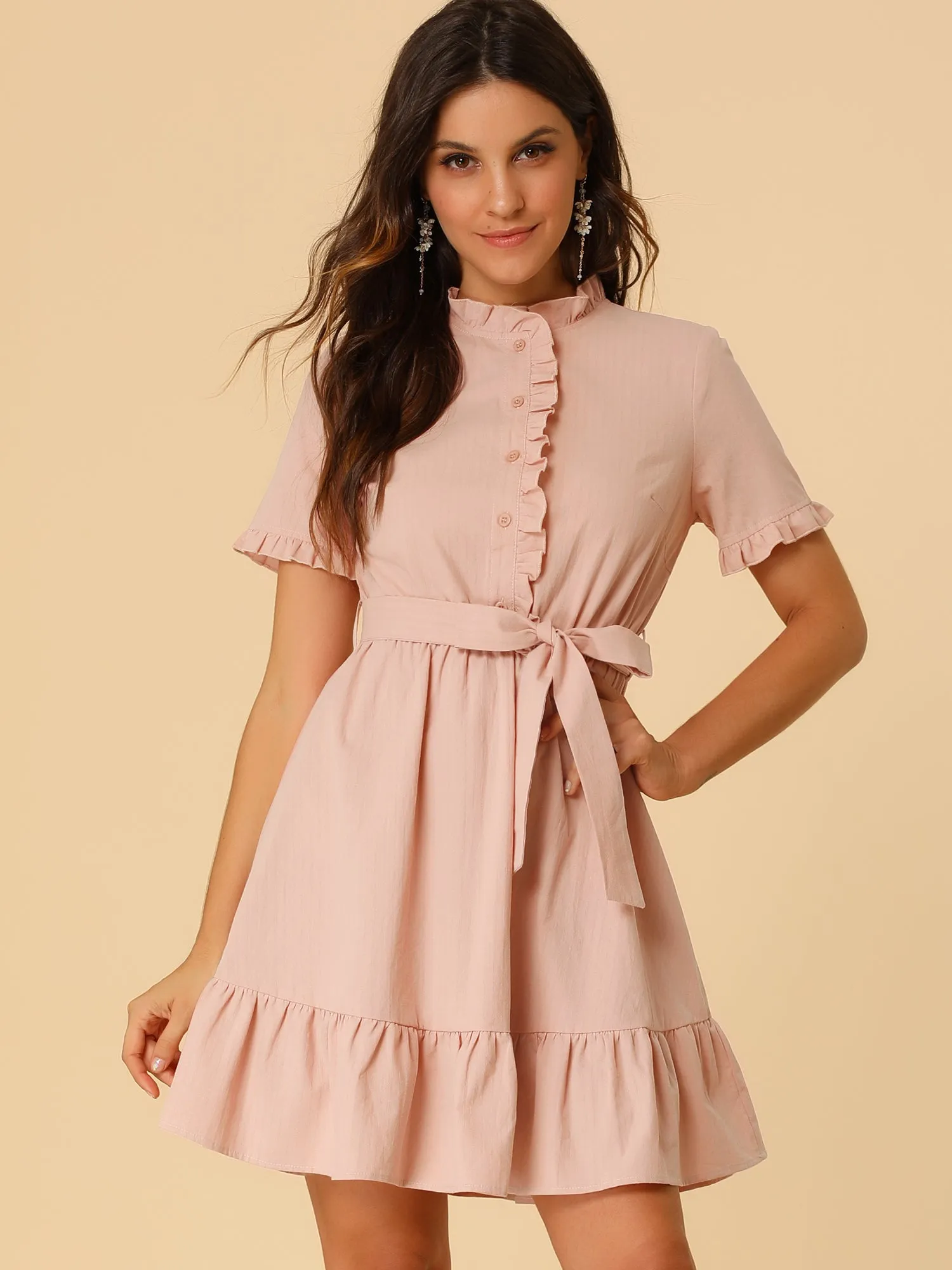 Cotton Fit and Flare Shirtdress Belted Button Front Ruffled Dress