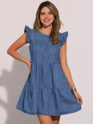 Denim Casual Ruffled Cap Sleeves Tiered Mini Dress