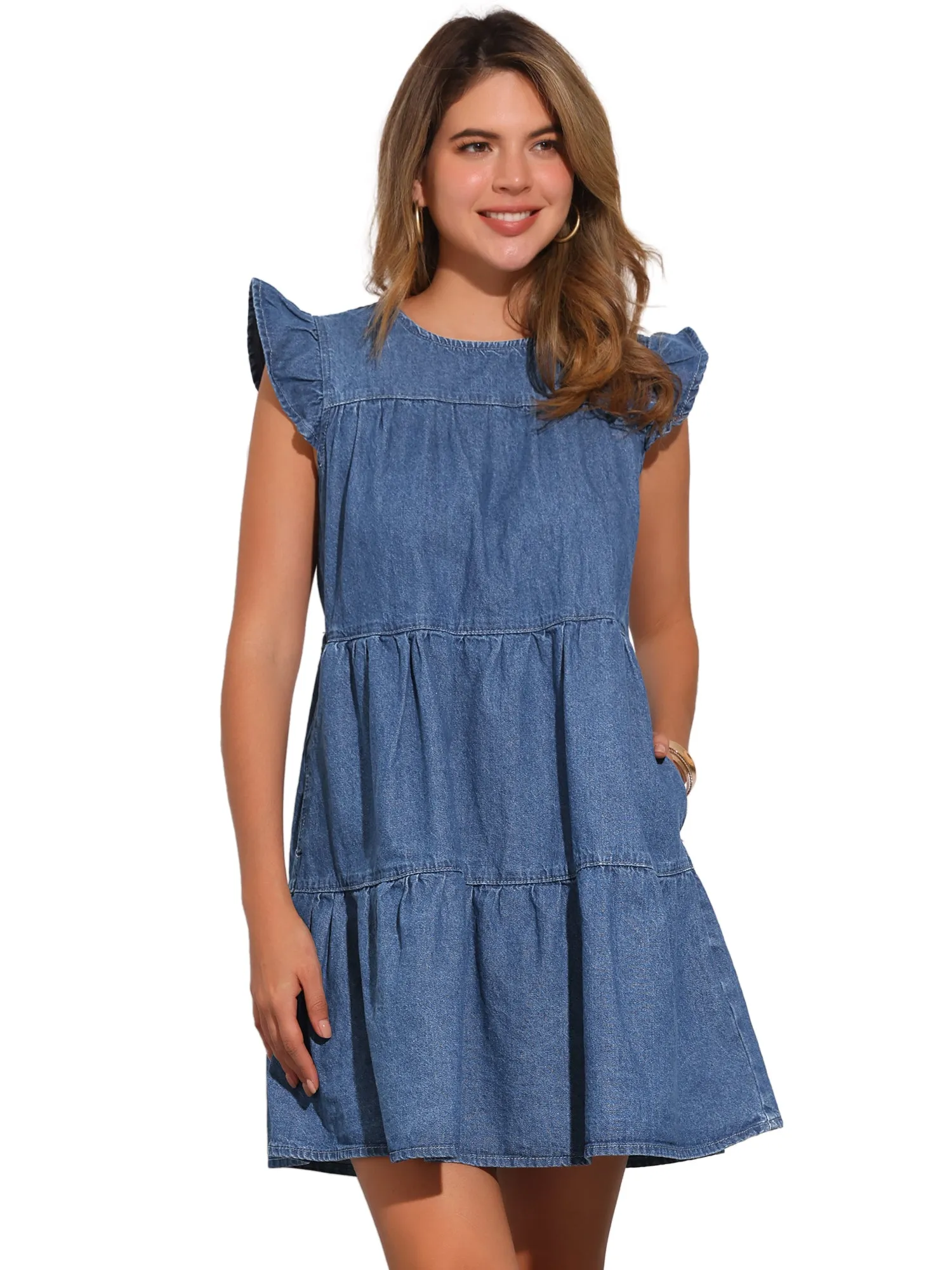 Denim Casual Ruffled Cap Sleeves Tiered Mini Dress