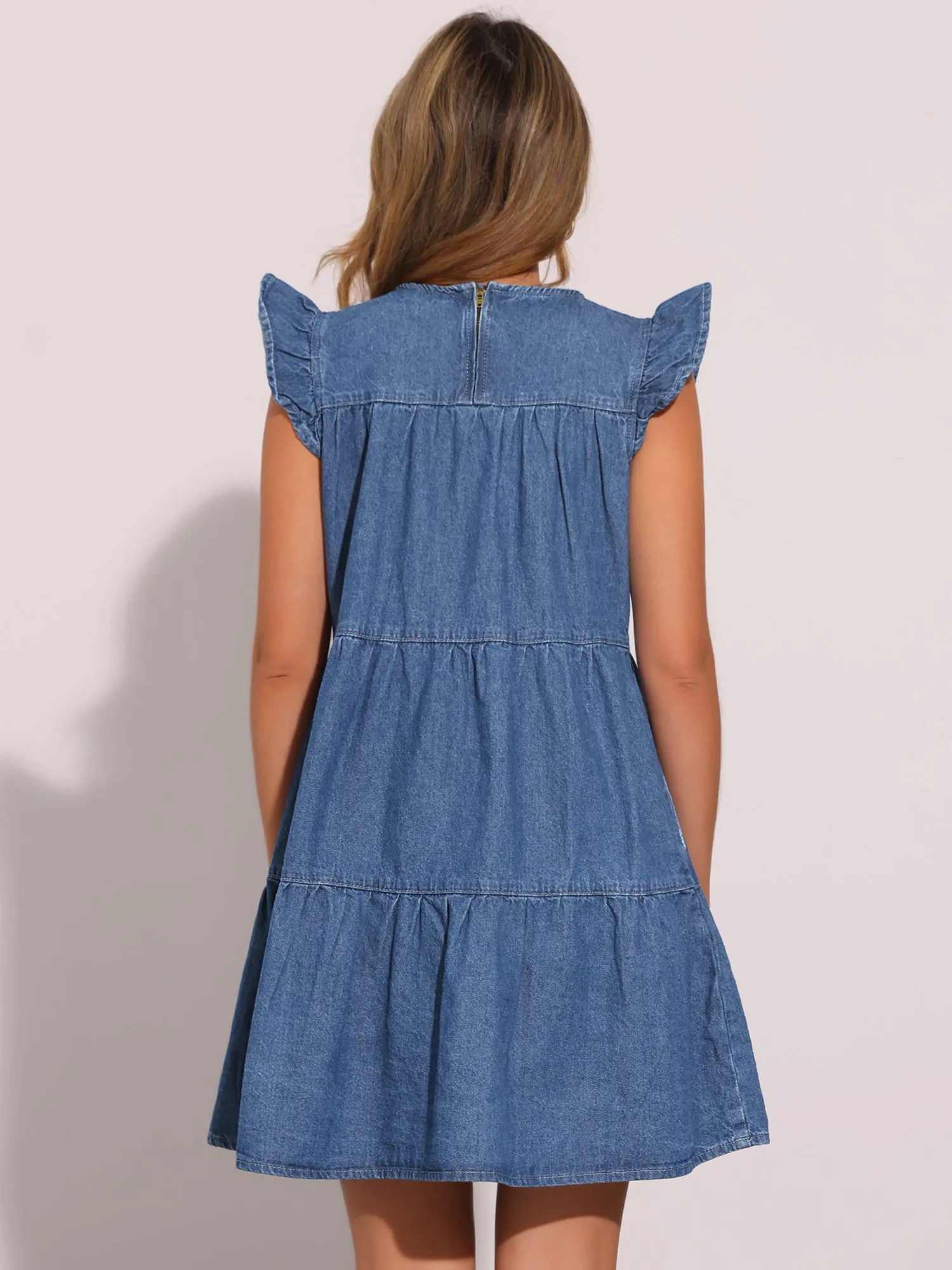 Denim Casual Ruffled Cap Sleeves Tiered Mini Dress