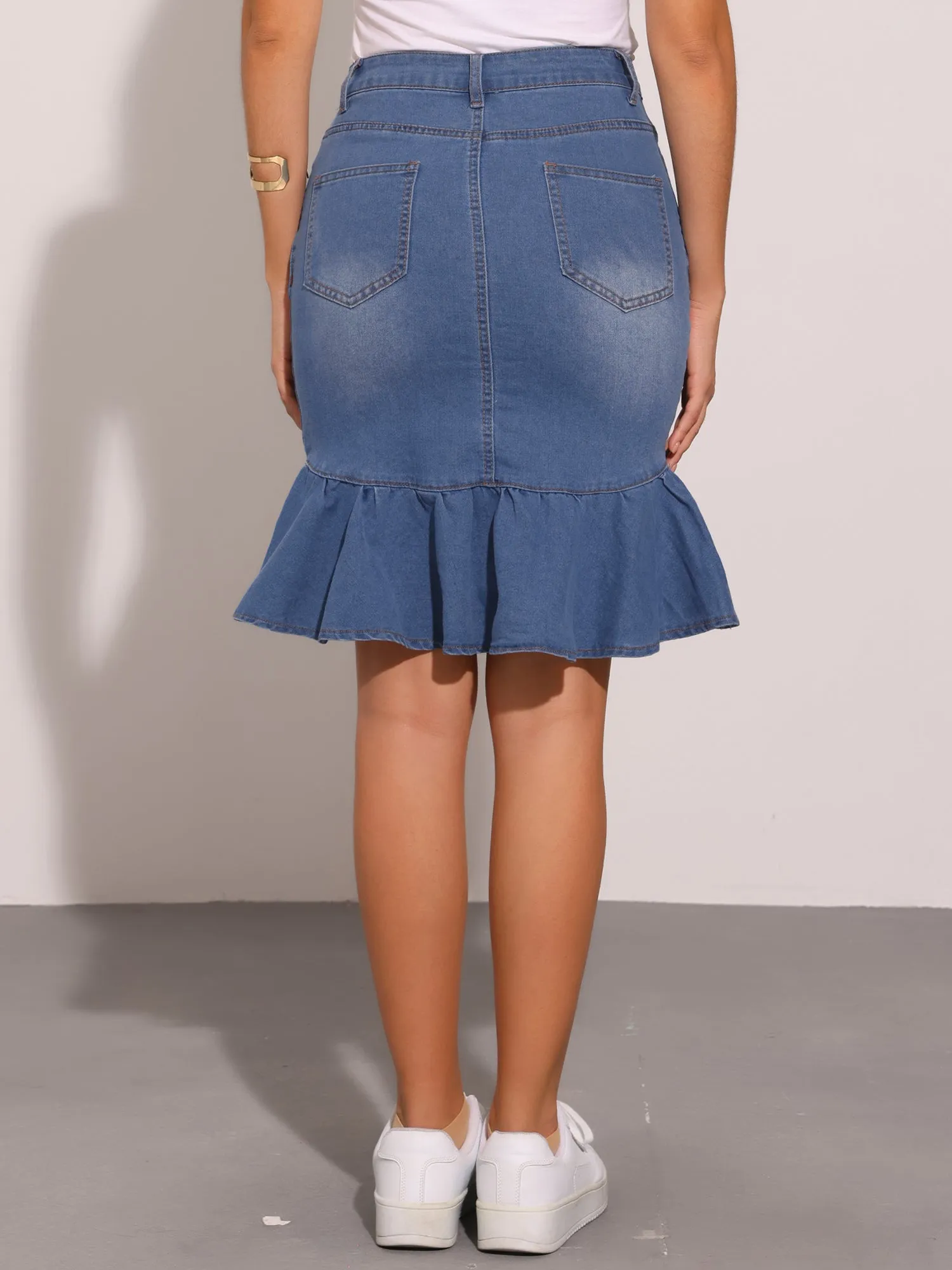 Denim Ruffled Pocketed Bodycon Fishtails Jean Skirt