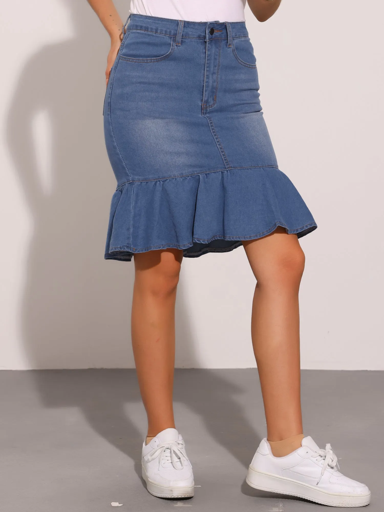 Denim Ruffled Pocketed Bodycon Fishtails Jean Skirt