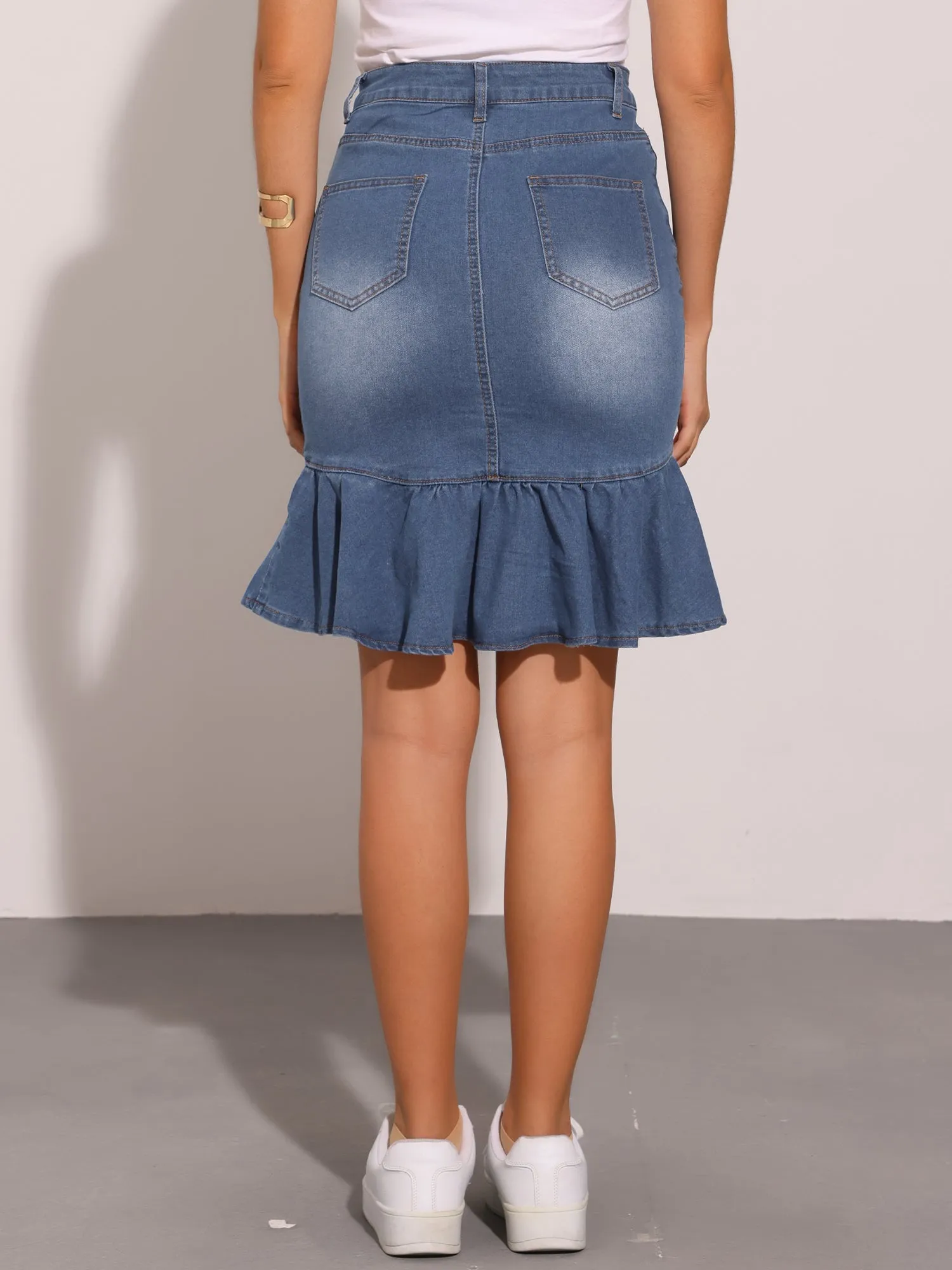 Denim Ruffled Pocketed Bodycon Fishtails Jean Skirt