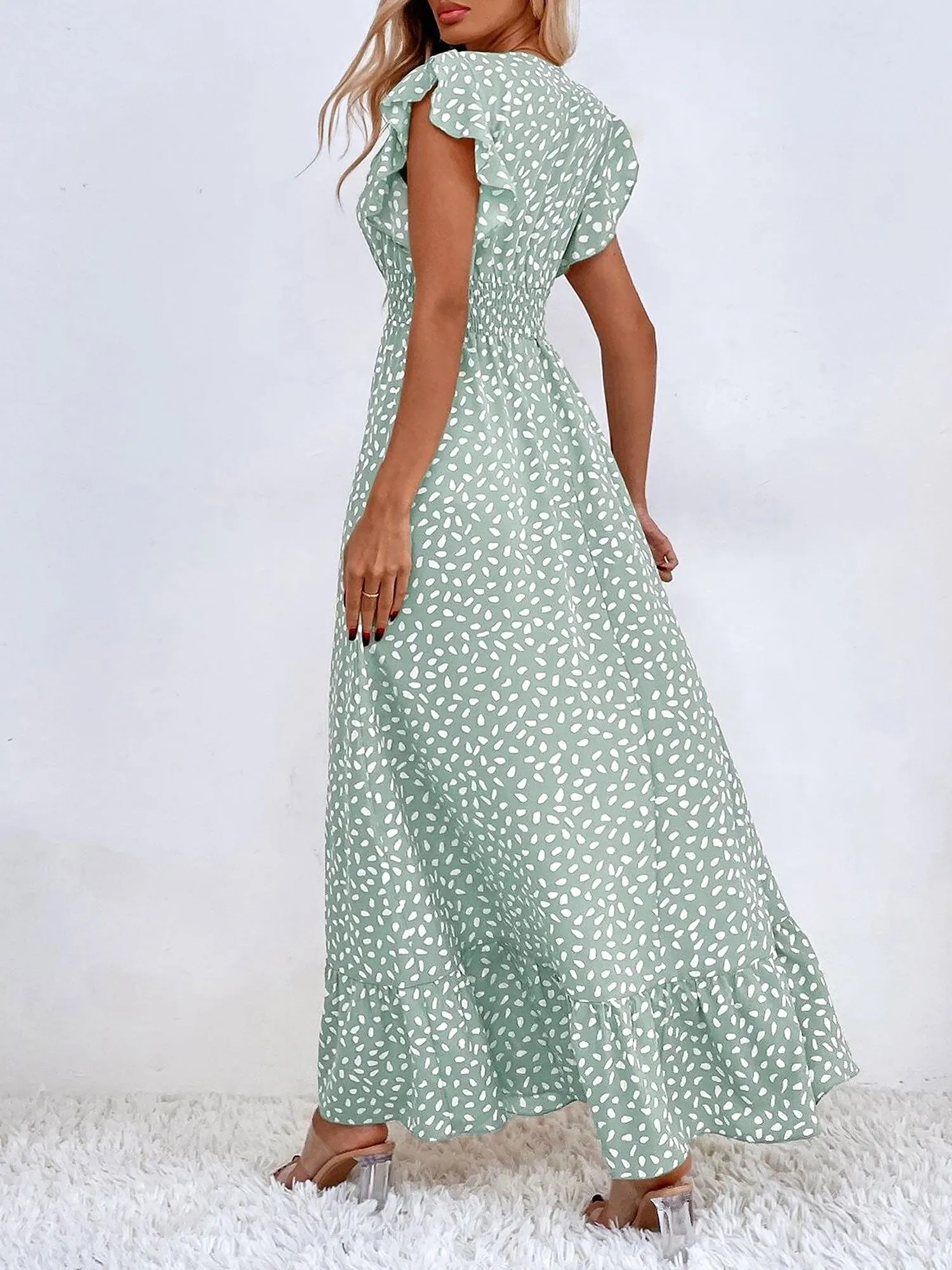 Dots Print Ruffled Cap Sleeves Smocked Waist Maxi Dress