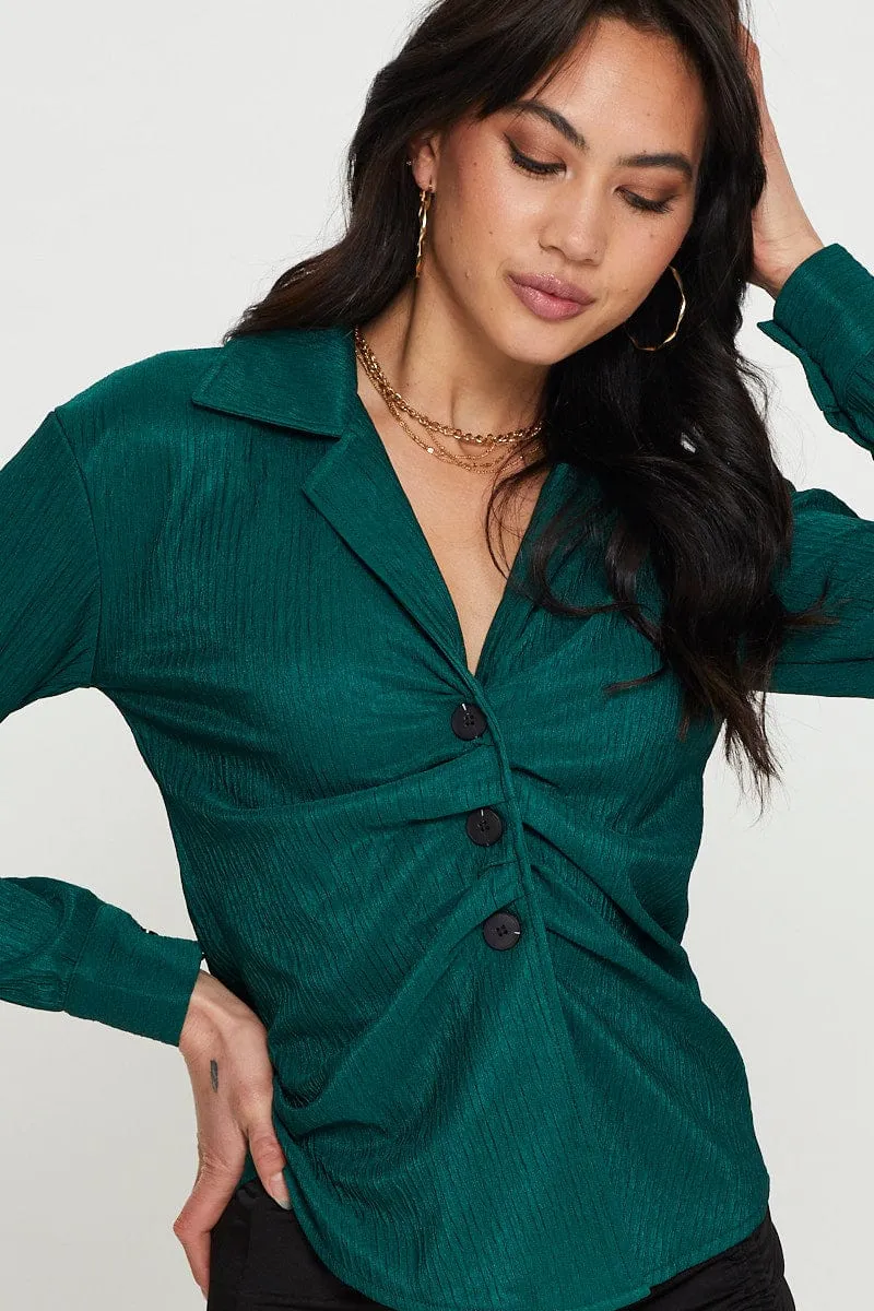 Green Oversized Shirts Long Sleeve Collared